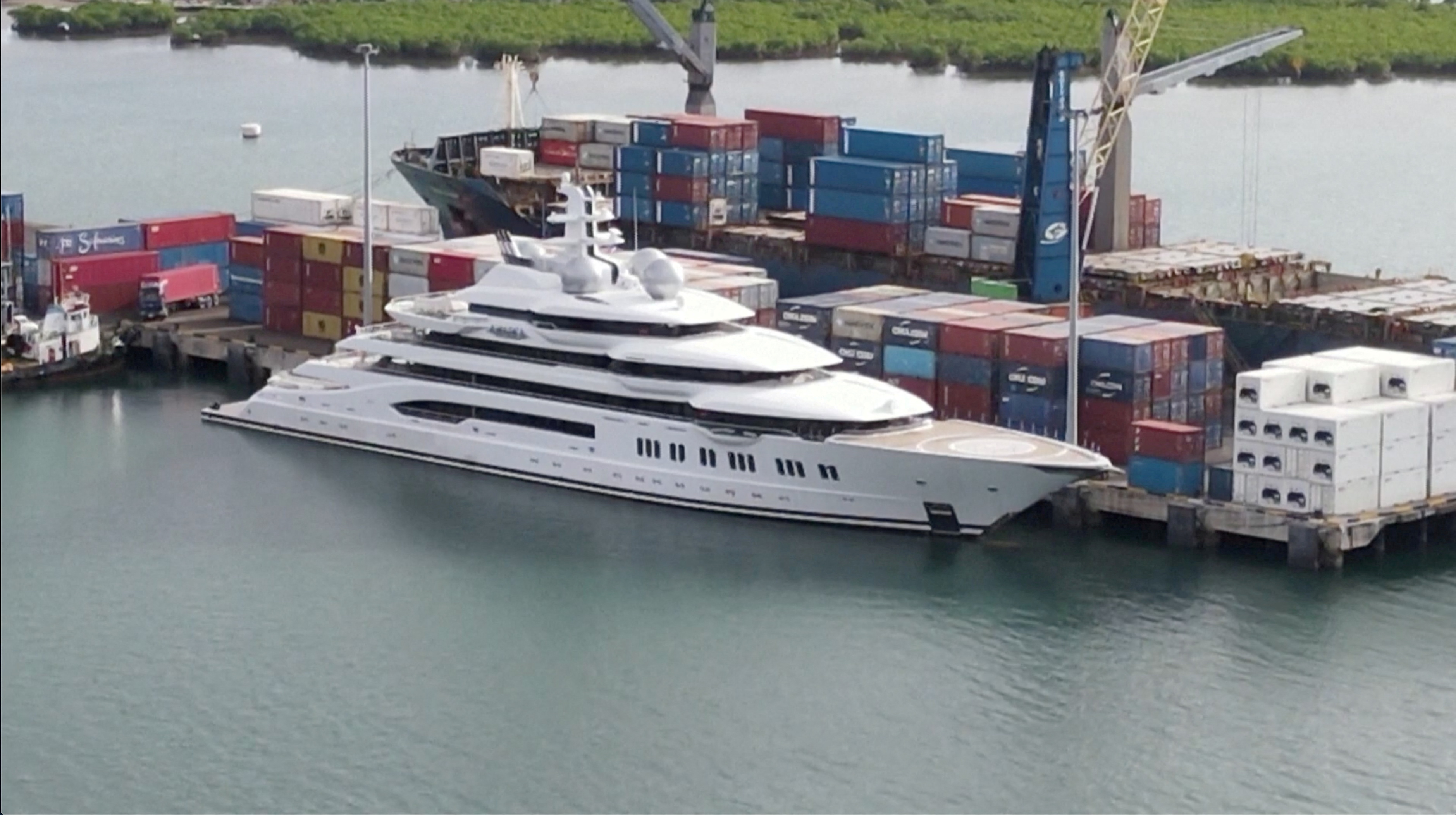 A screen grab from a drone video footage shows a Russian-owned superyacht 'Amadea' docked at Queens Wharf in Lautoka