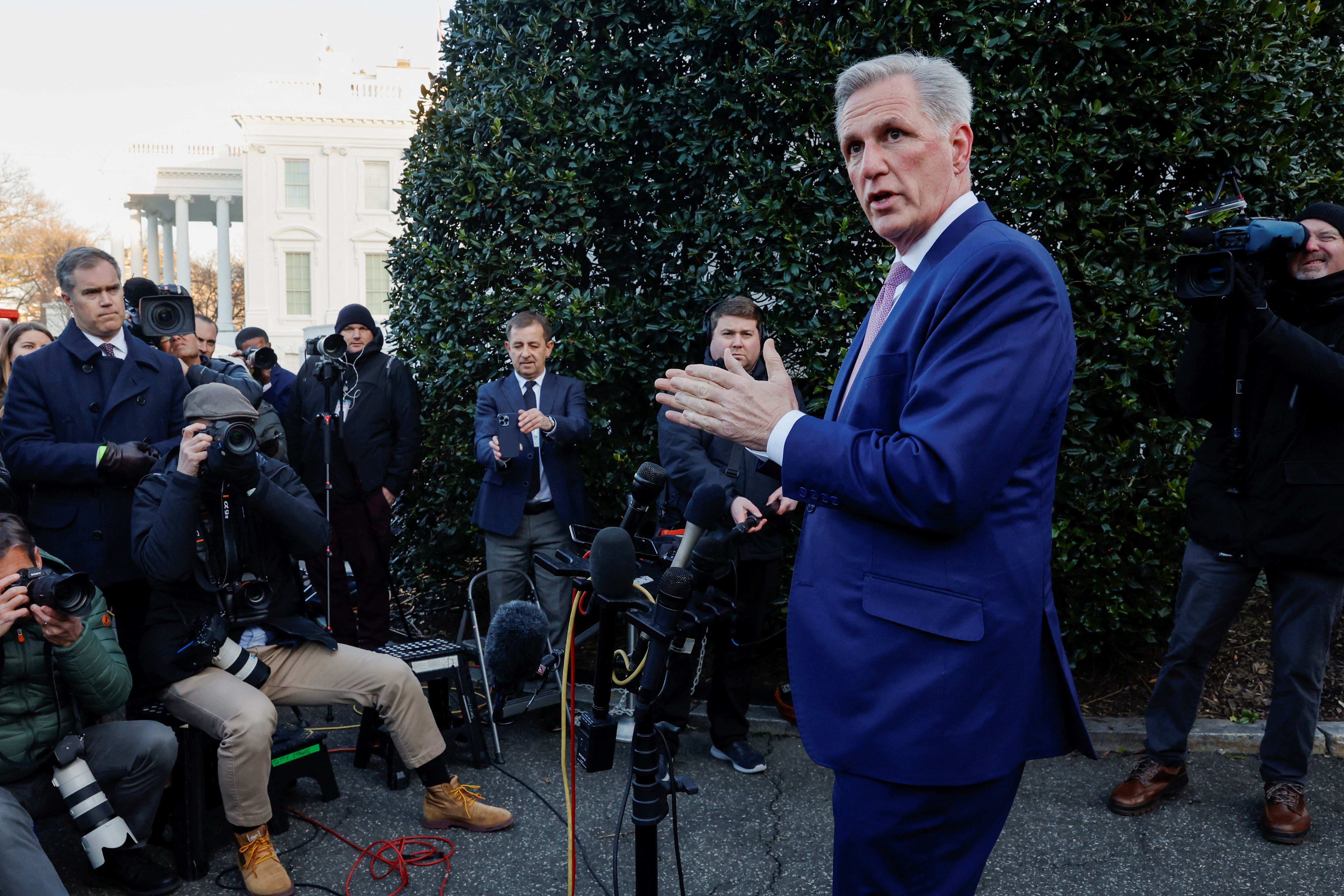 U.S. House Speaker McCarthy speaks with reporters following his meeting with President Biden at the White House in Washington