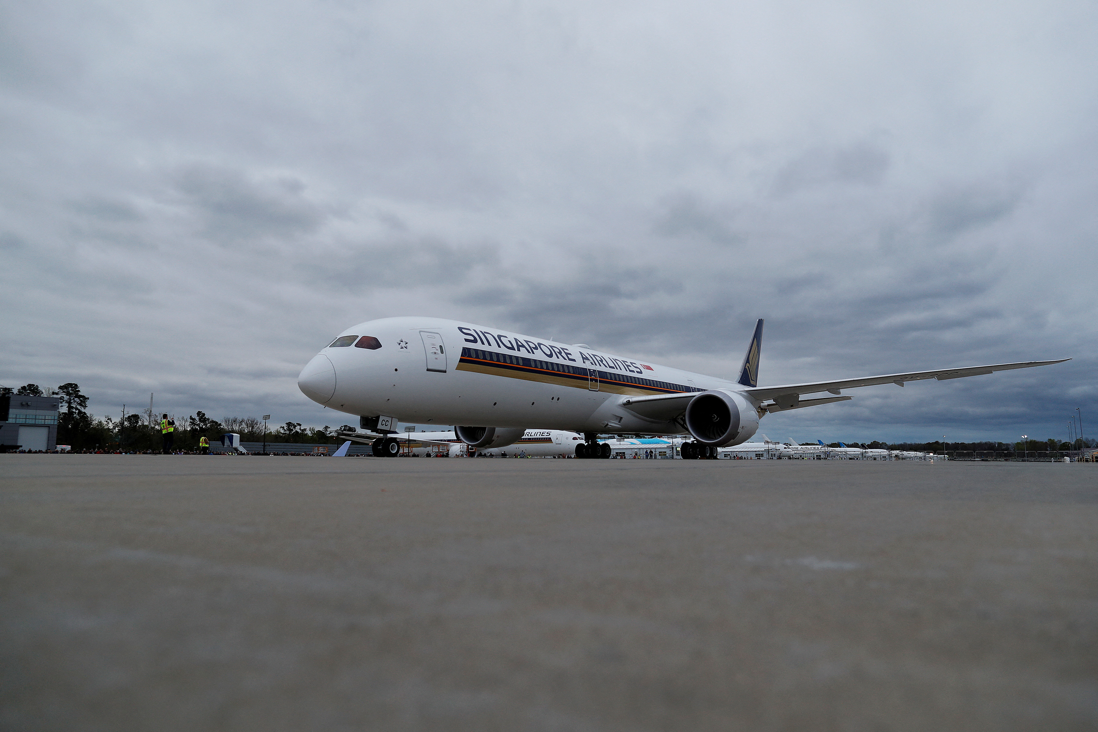 A Boeing 787-10 Dreamliner sits on the tarmac before a delivery ceremony to Singapore Airlines at the Boeing South Carolina Plant in North Charleston