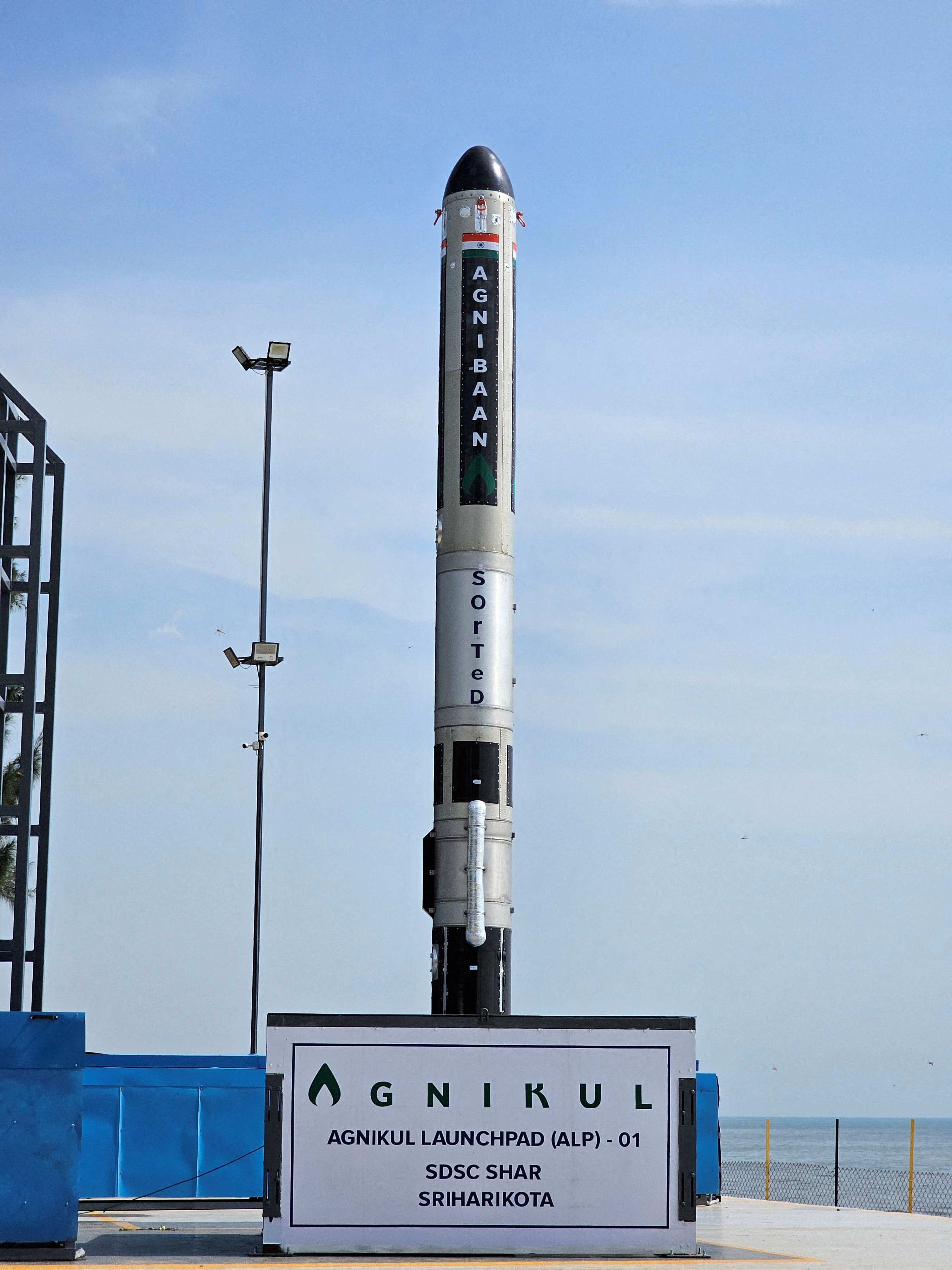 Agnibaan SubOrbital Technological Demonstrator (SOrTeD), vehicle is seen at Agnikul's Launchpad at Satish Dhawan Space Center in Sriharikota