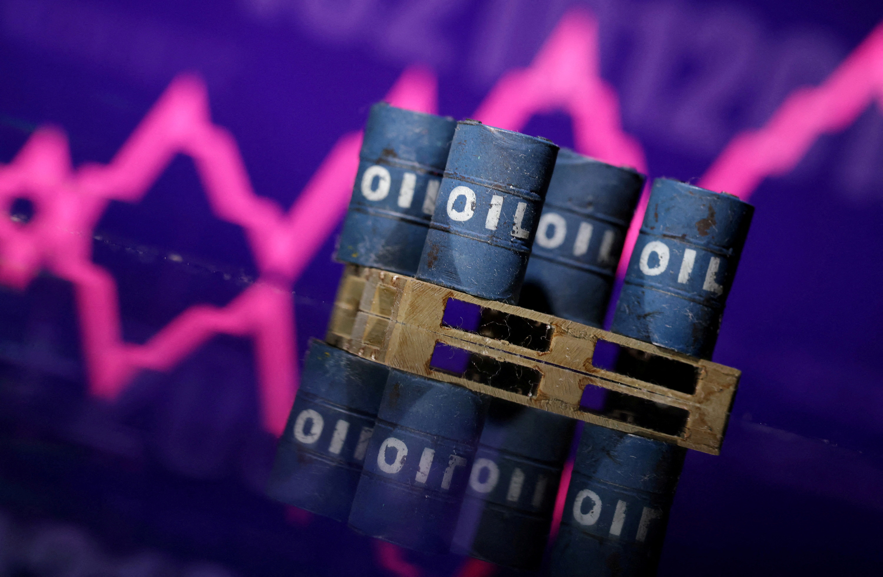 Illustration shows miniatures of oil barrels and rising stock graph