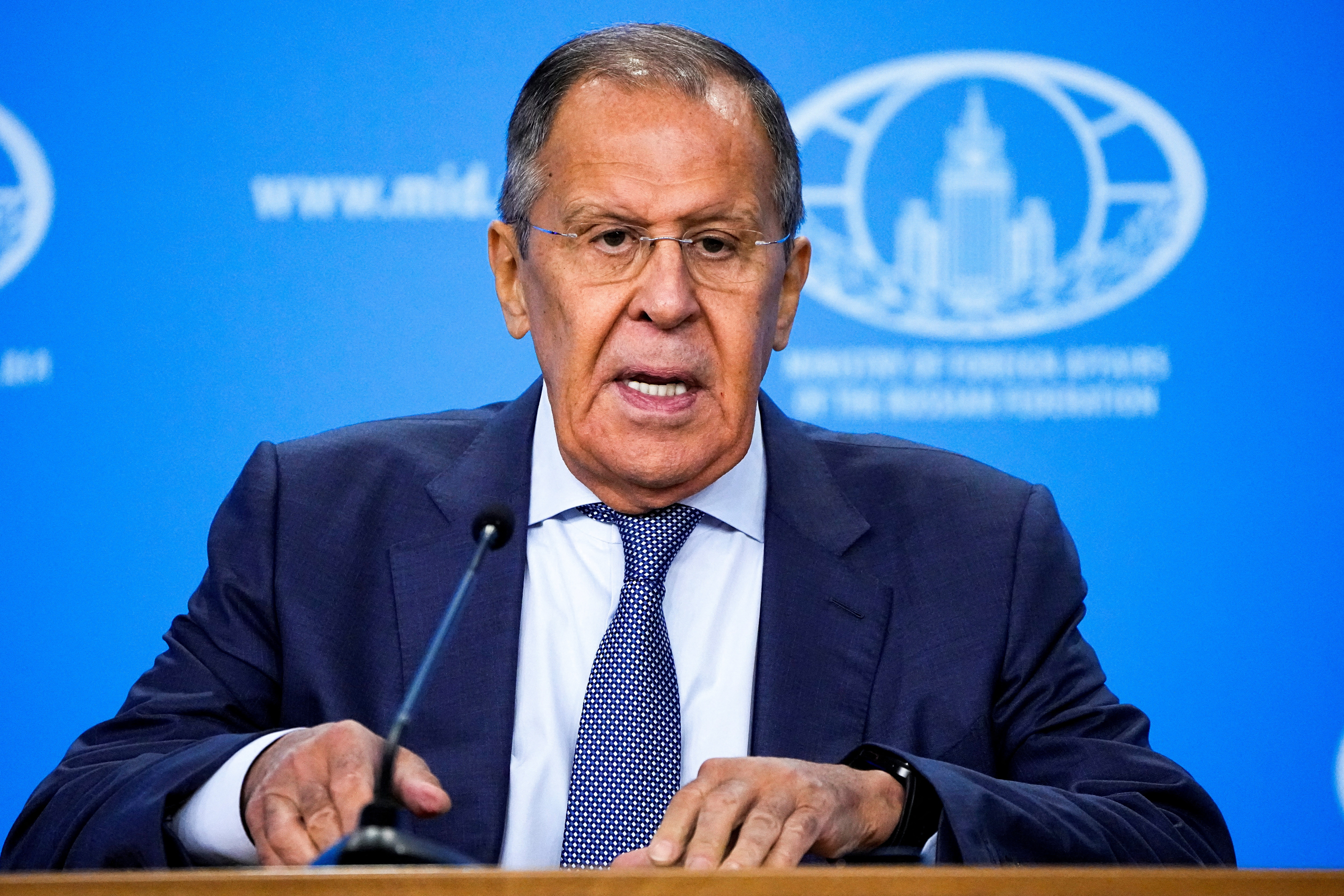 Russia's Foreign Minister Sergei Lavrov delivers his speech as he meets with heads of diplomatic missions accredited in Russia, in Moscow