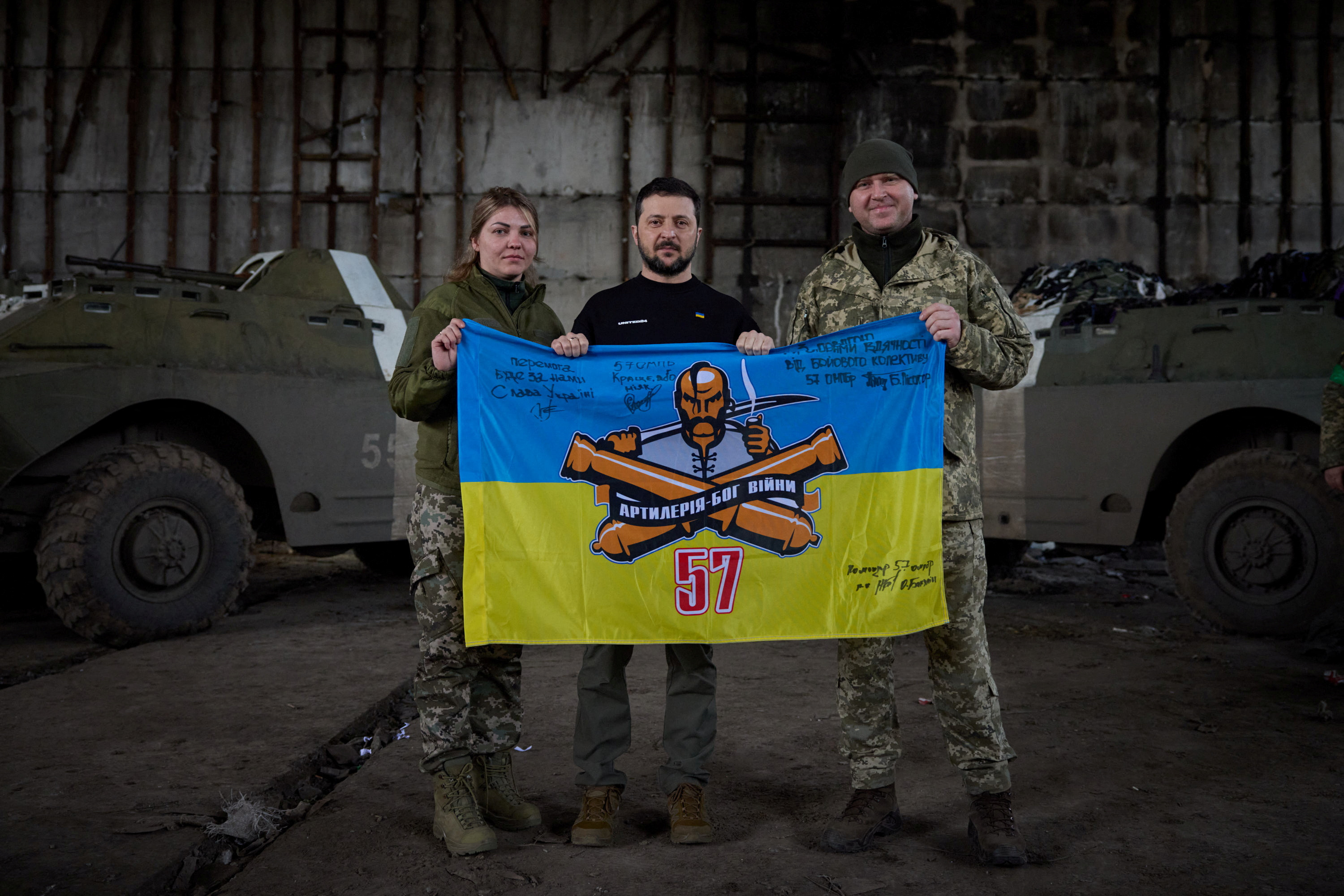 Ukraine's President Zelenskiy visits Ukrainian service members near a frontline in Donetsk region