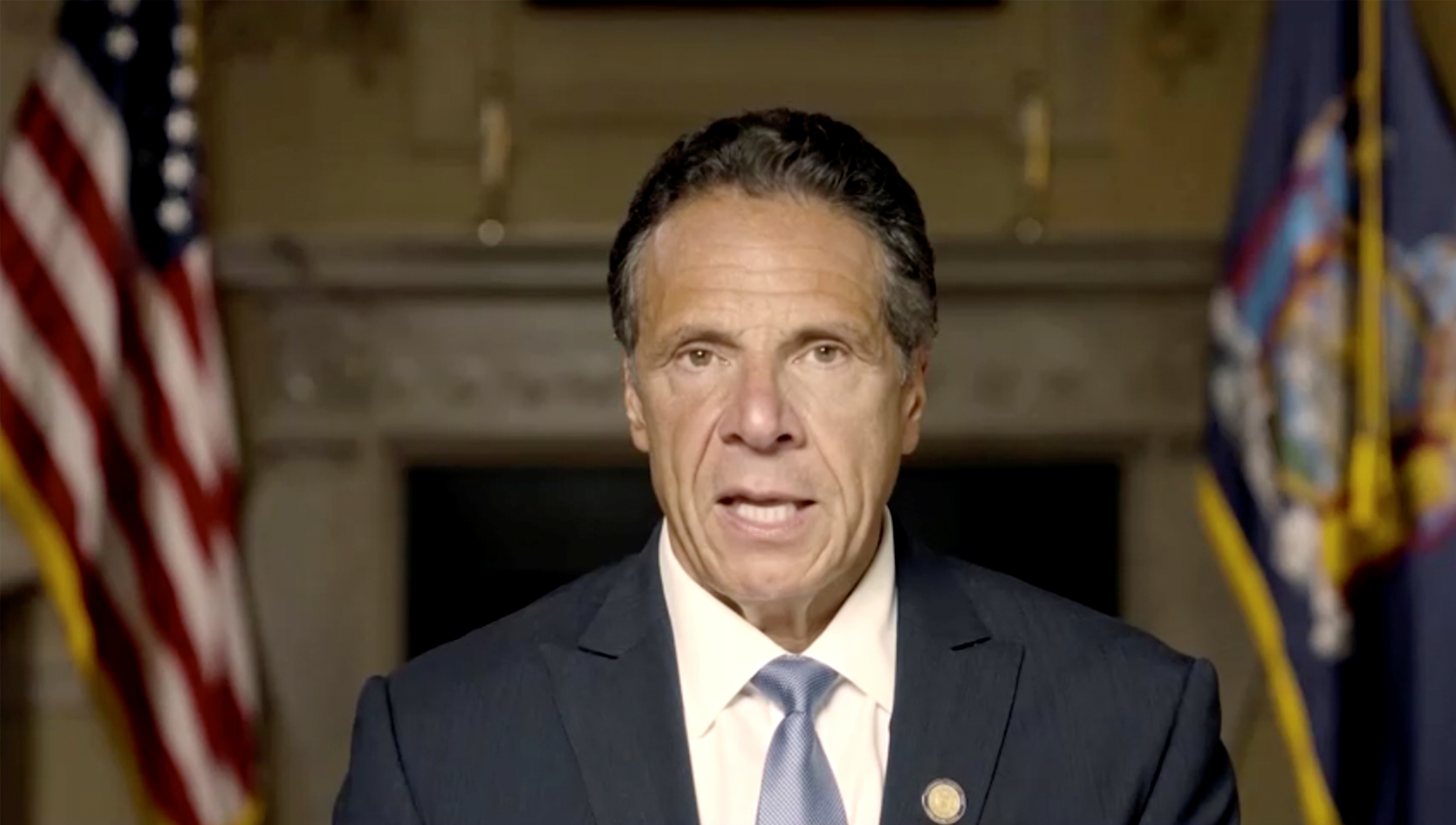 New York Governor Andrew Cuomo makes a statement in this screen grab taken from a pre-recorded video released by Office of the NY Governor, in New York, U.S., August 3, 2021.  Office of Governor Andrew M. Cuomo/Handout via REUTERS/File Photo