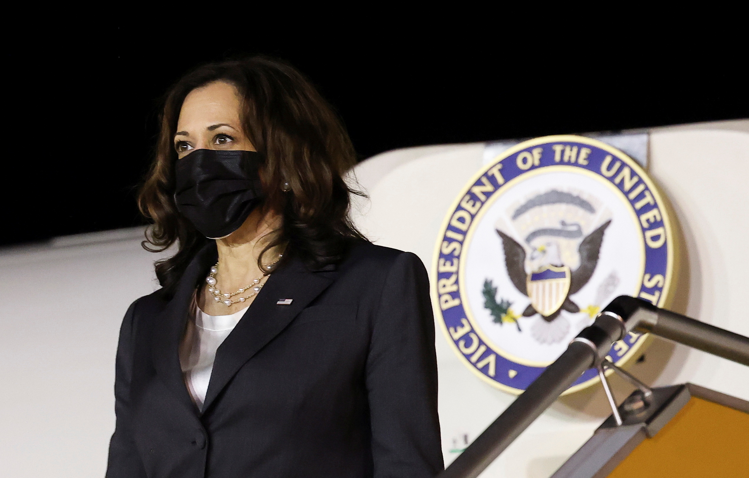 U.S. Vice President Kamala Harris arrives for the second leg of her Asia trip, in Hanoi, Vietnam, August, 24, 2021. REUTERS/Evelyn Hockstein/Pool
