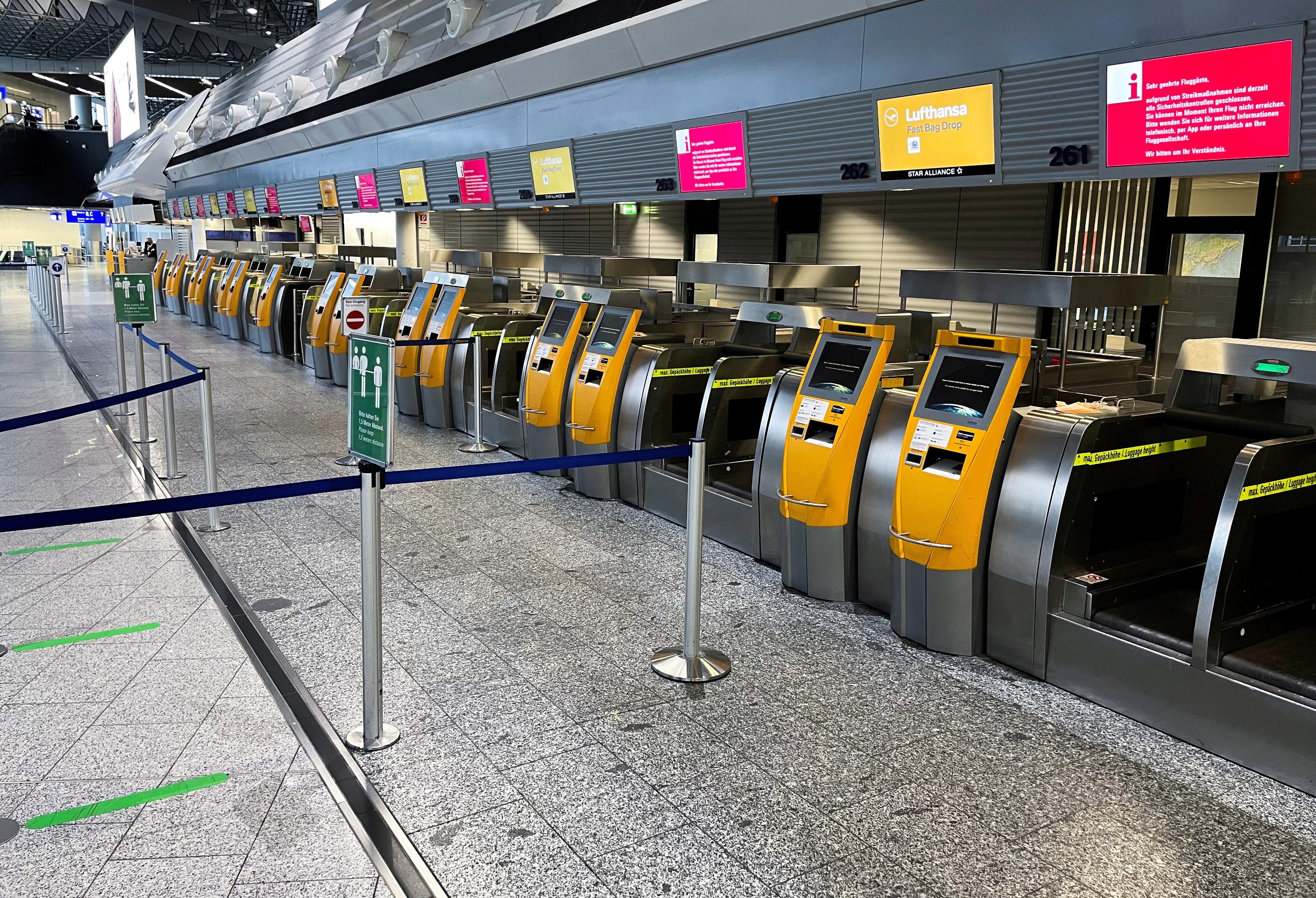 Empty counters of German airlines Lufthansa during a strike of security staff in Frankfurt