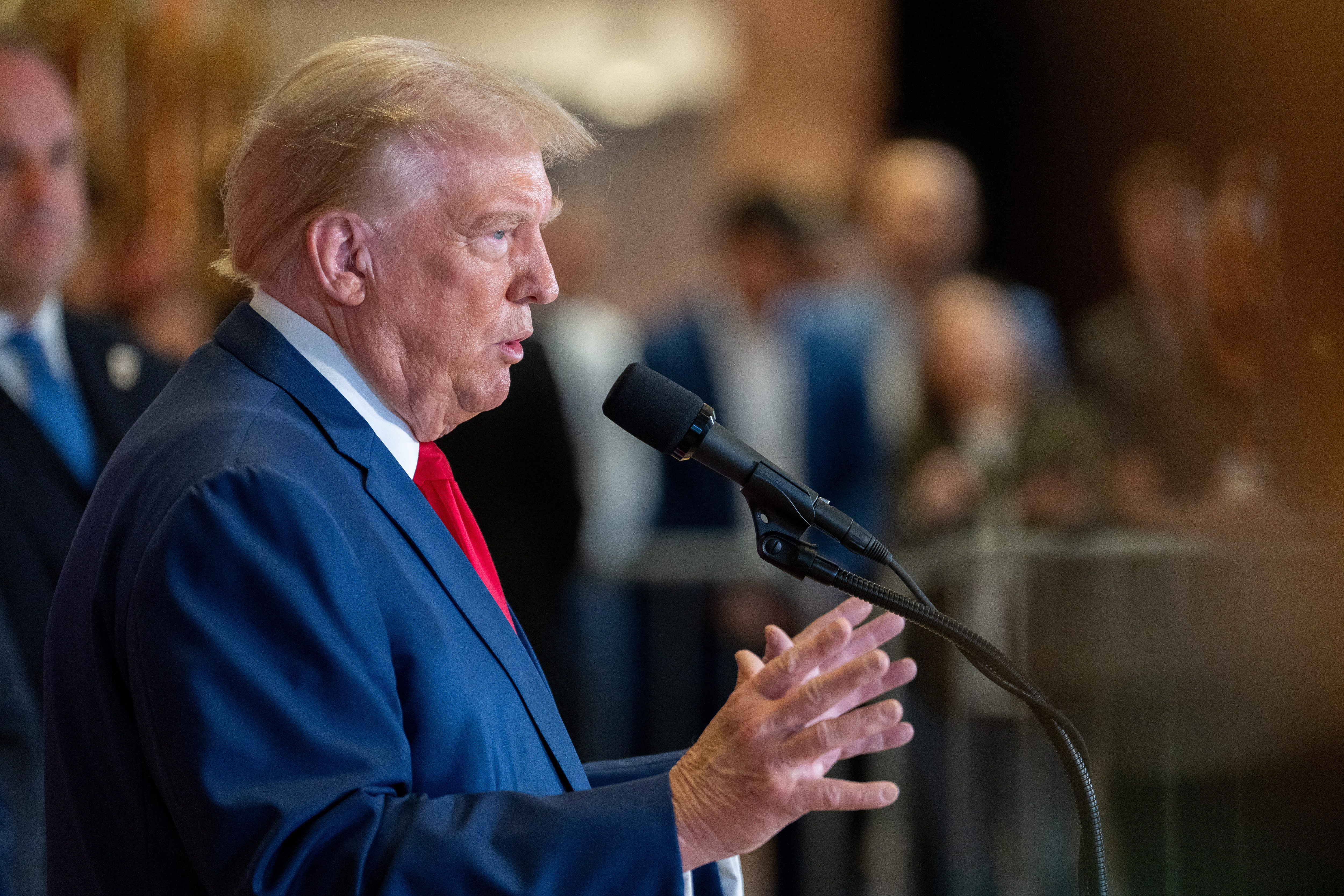 Republican presidential nominee and former U.S. President Donald Trump speaks during a press conference at Trump Tower in New York City