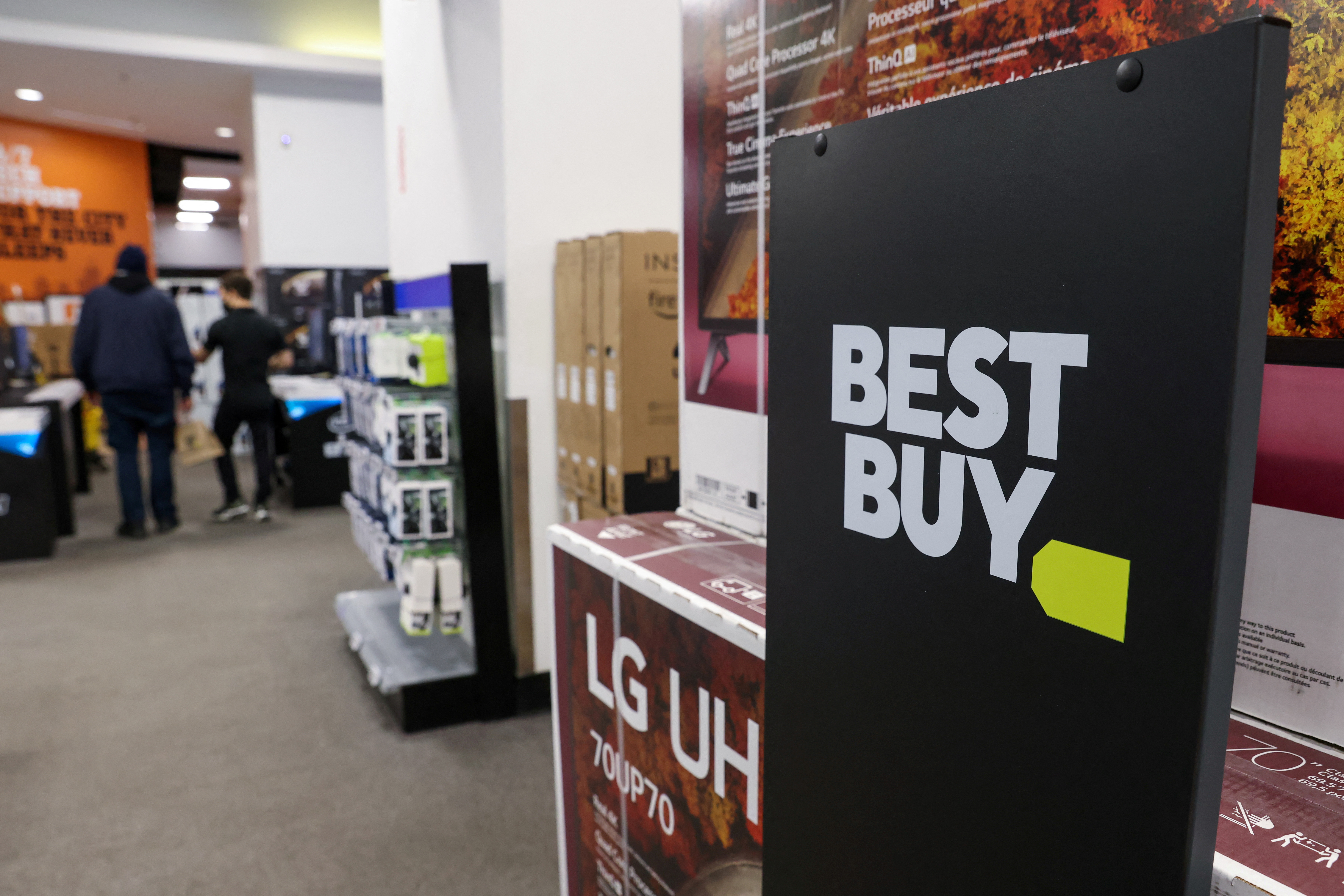 Signage is seen in a Best Buy store in Manhattan, New York City
