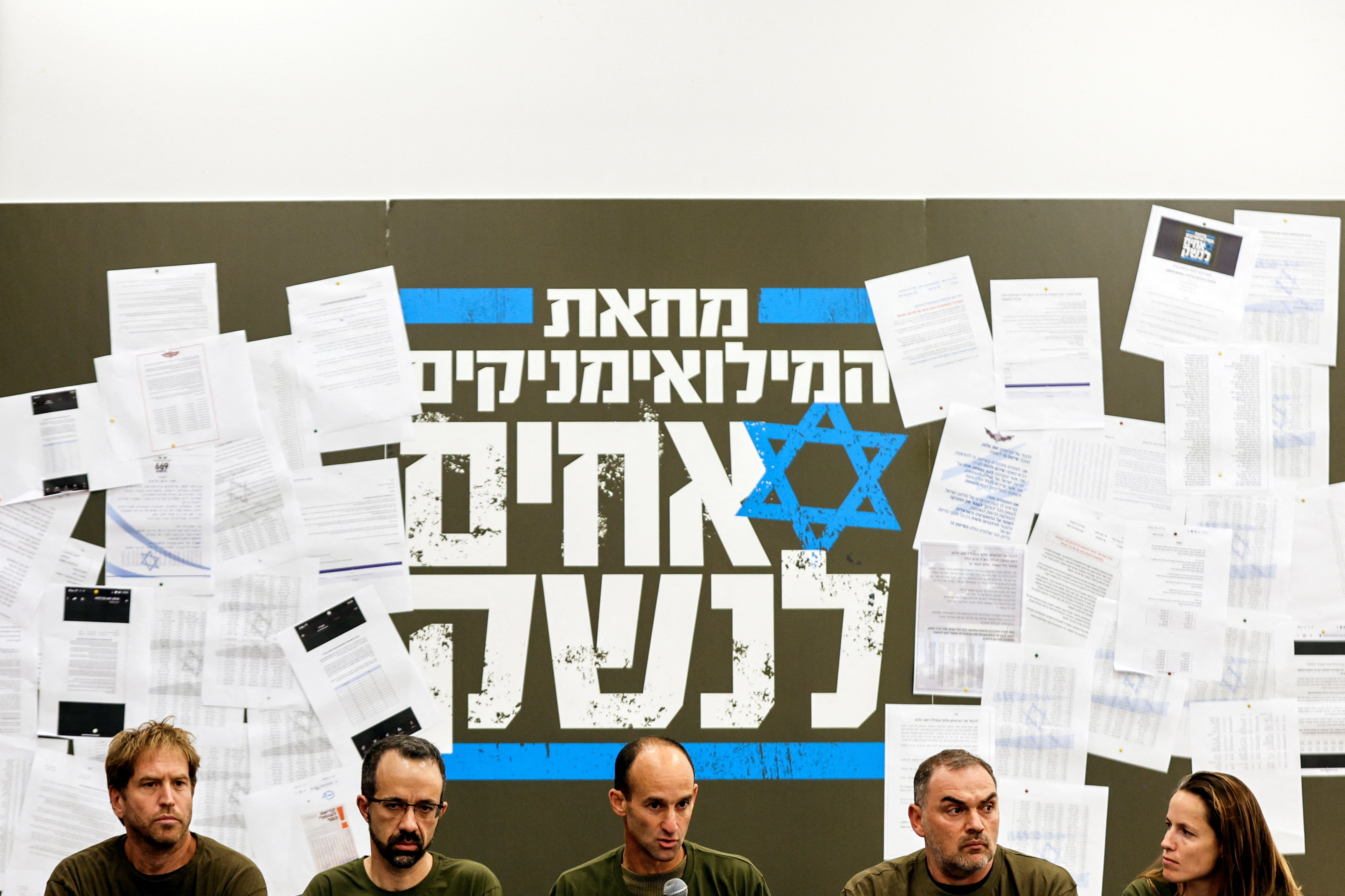 Members of the 'Brothers in Arms' reservist protest group hold a news conference, as Israeli Prime Minister Benjamin Netanyahu's nationalist coalition government presses on with its judicial overhaul, in Herzliya near Tel Aviv