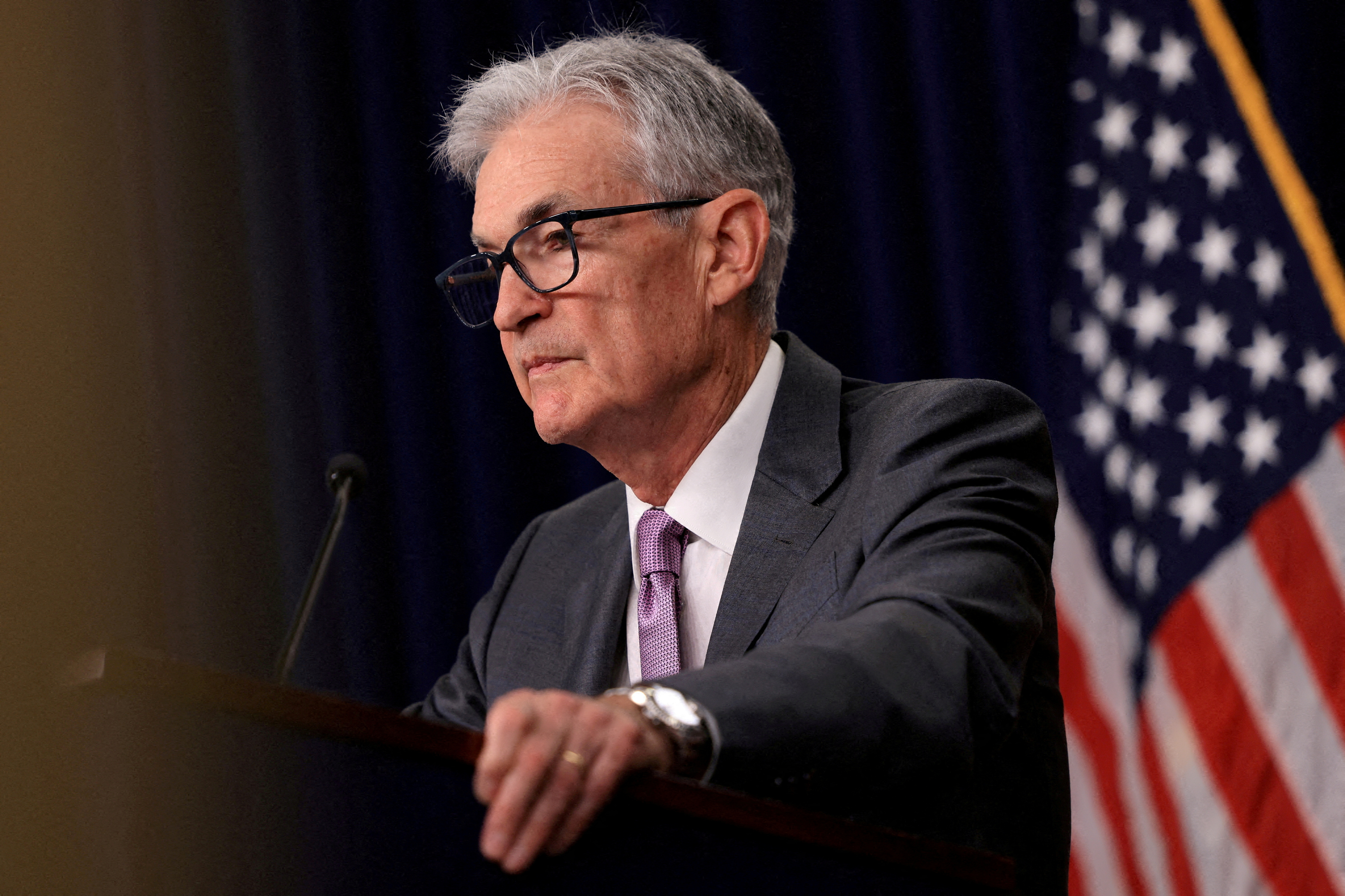 U.S. Federal Reserve Chair Jerome Powell holds a press conference following a two-day meeting of the Federal Open Market Committee on interest rate policy in Washington