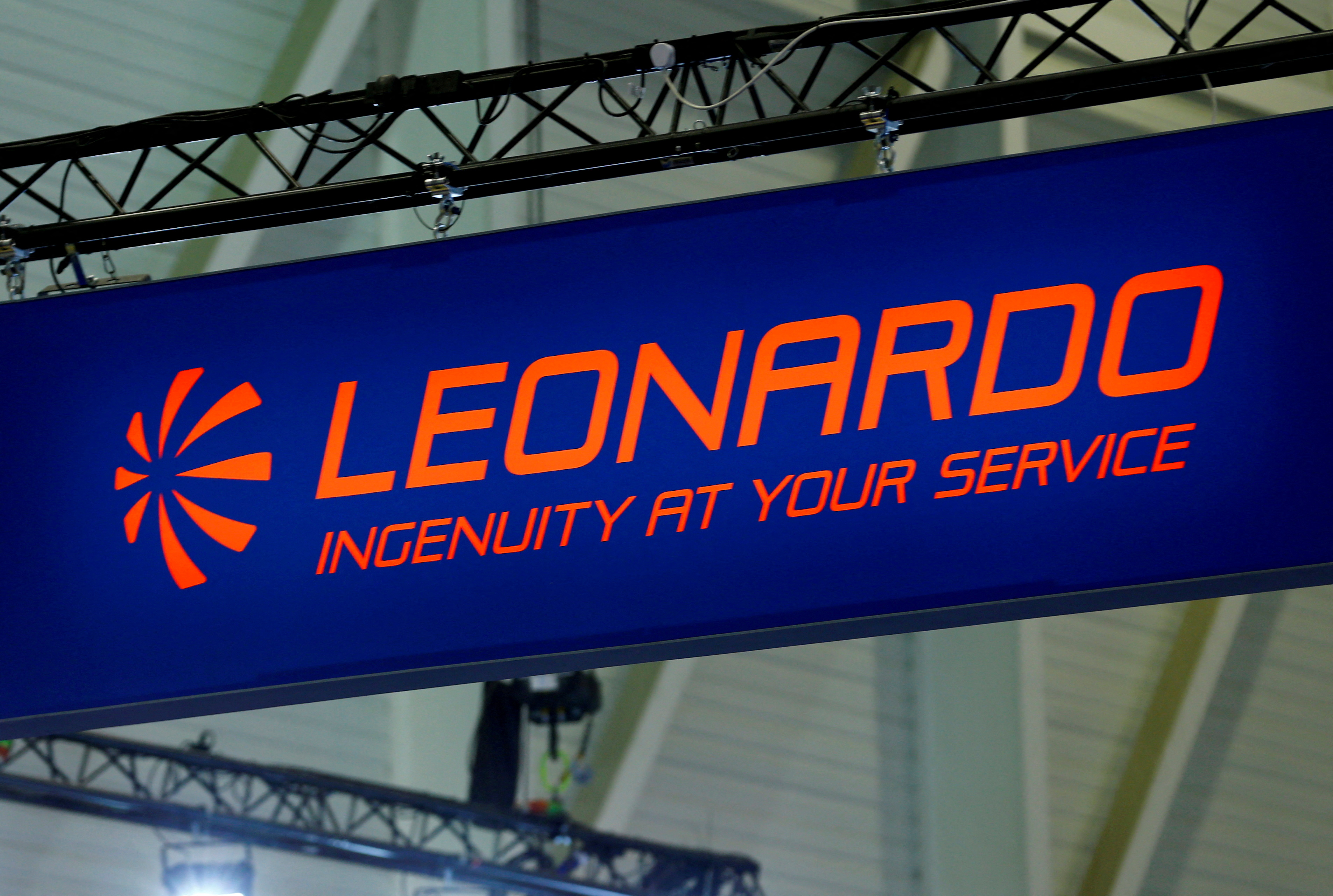 A logo of defence group Leonardo is pictured on their booth during EBACE in Geneva