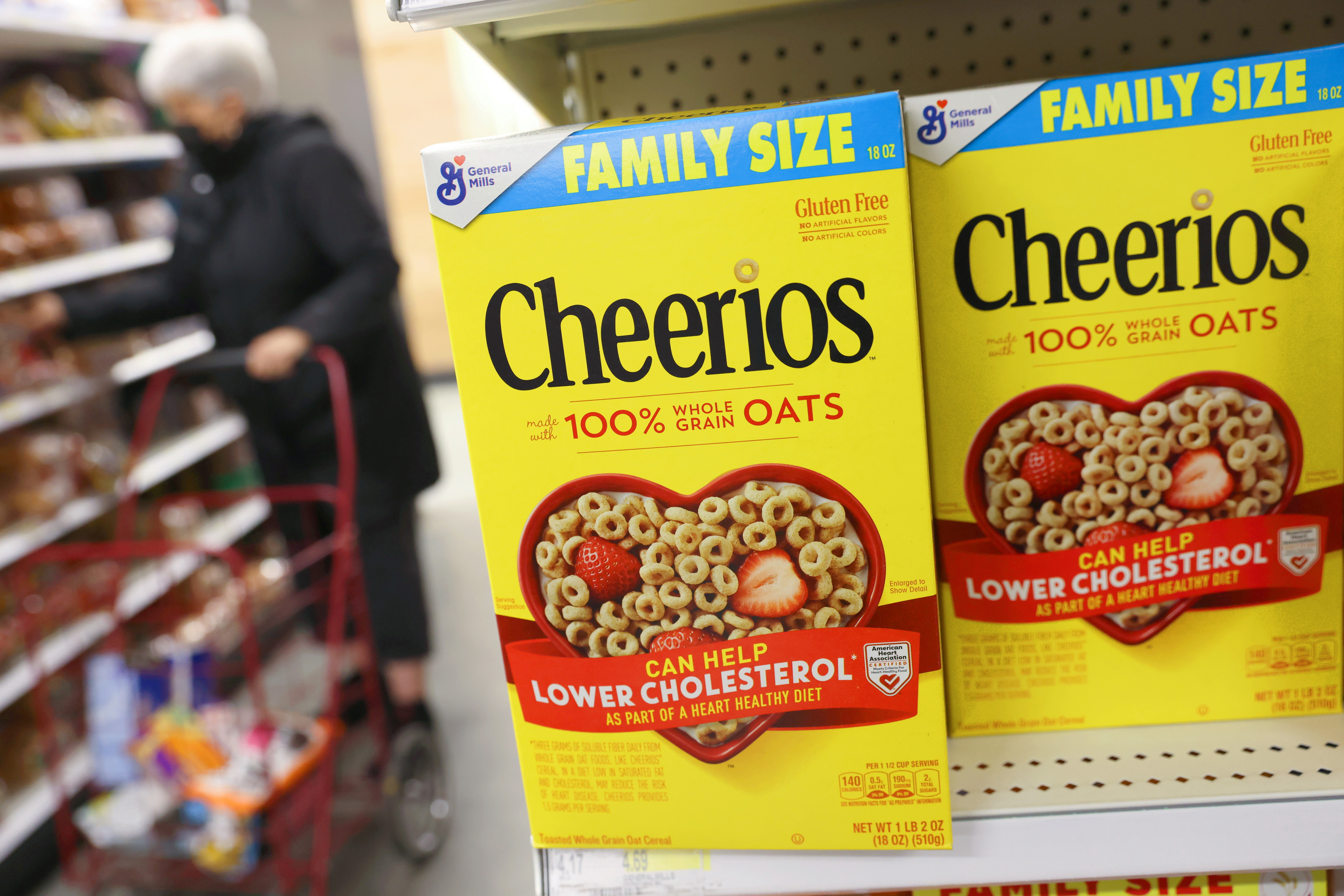 Packages of Cheerios, a brand owned by General Mills, are seen in a store in Manhattan, New York