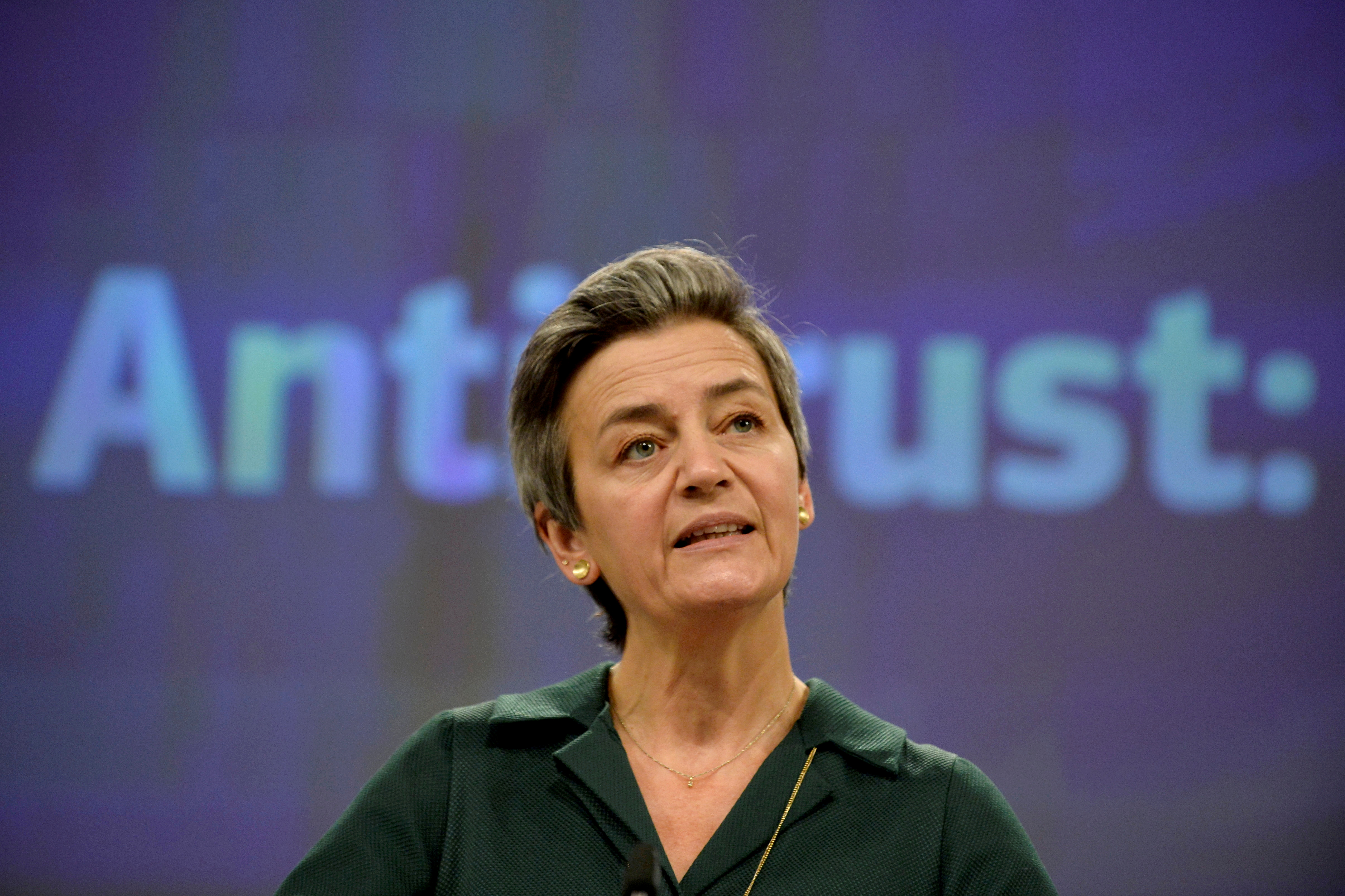 EU antitrust chief Margrethe Vestager gives a news conference on antitrust case at European Commission in Brussels