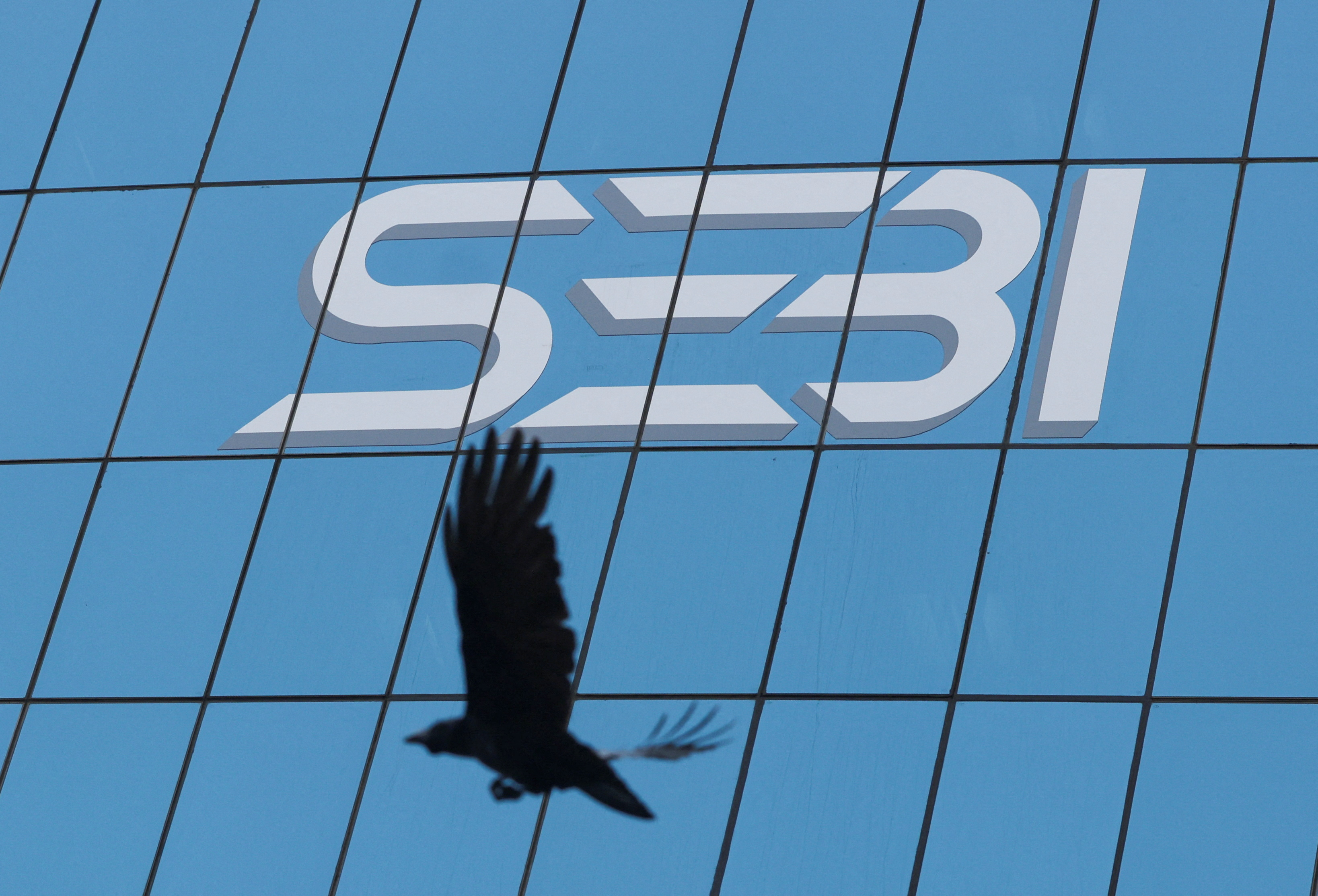 A bird flies past the new logo of the Securities and Exchange Board of India (SEBI) at its headquarters in Mumbai
