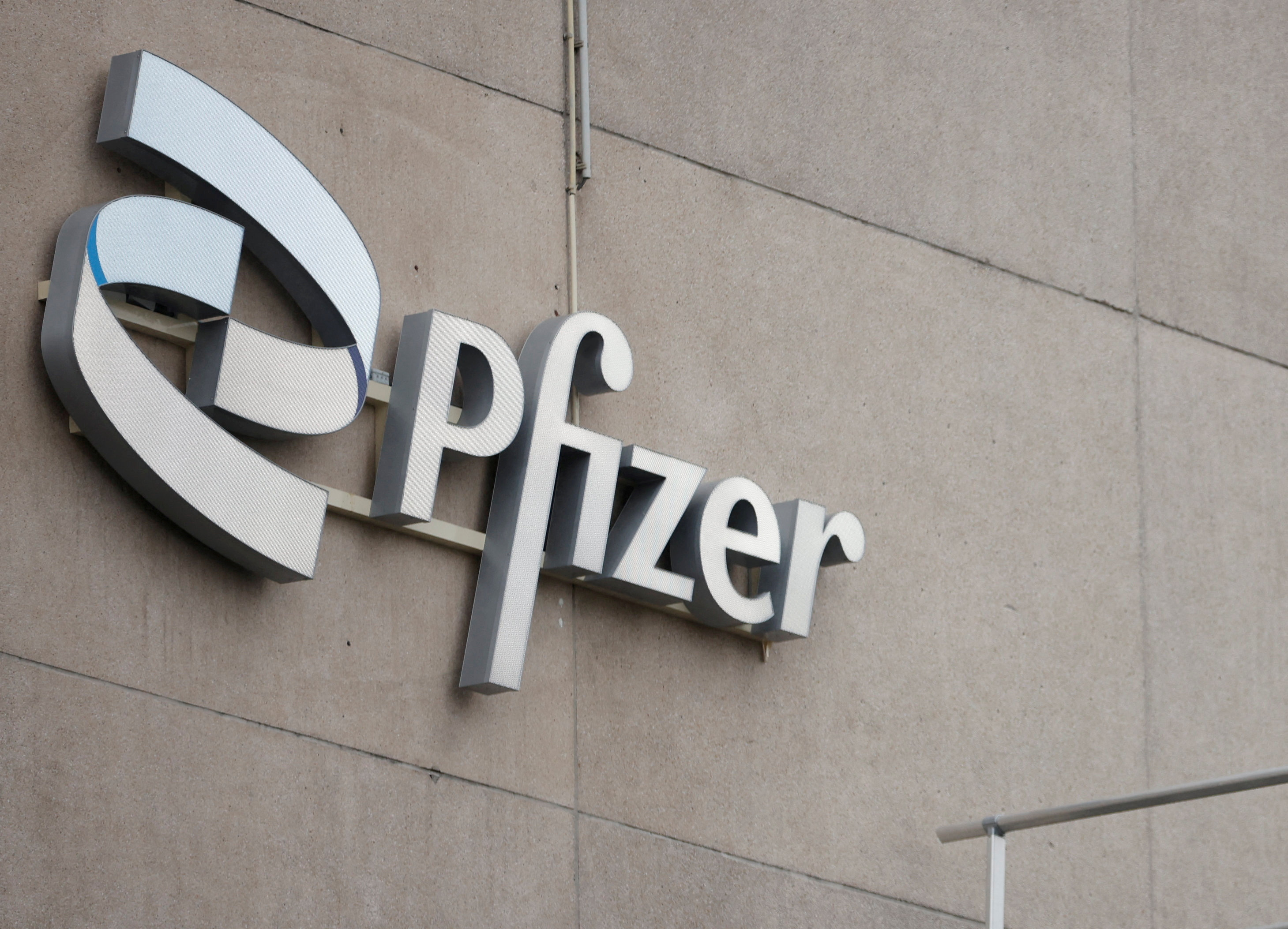 Company logo is seen at a Pfizer office in Puurs, Belgium