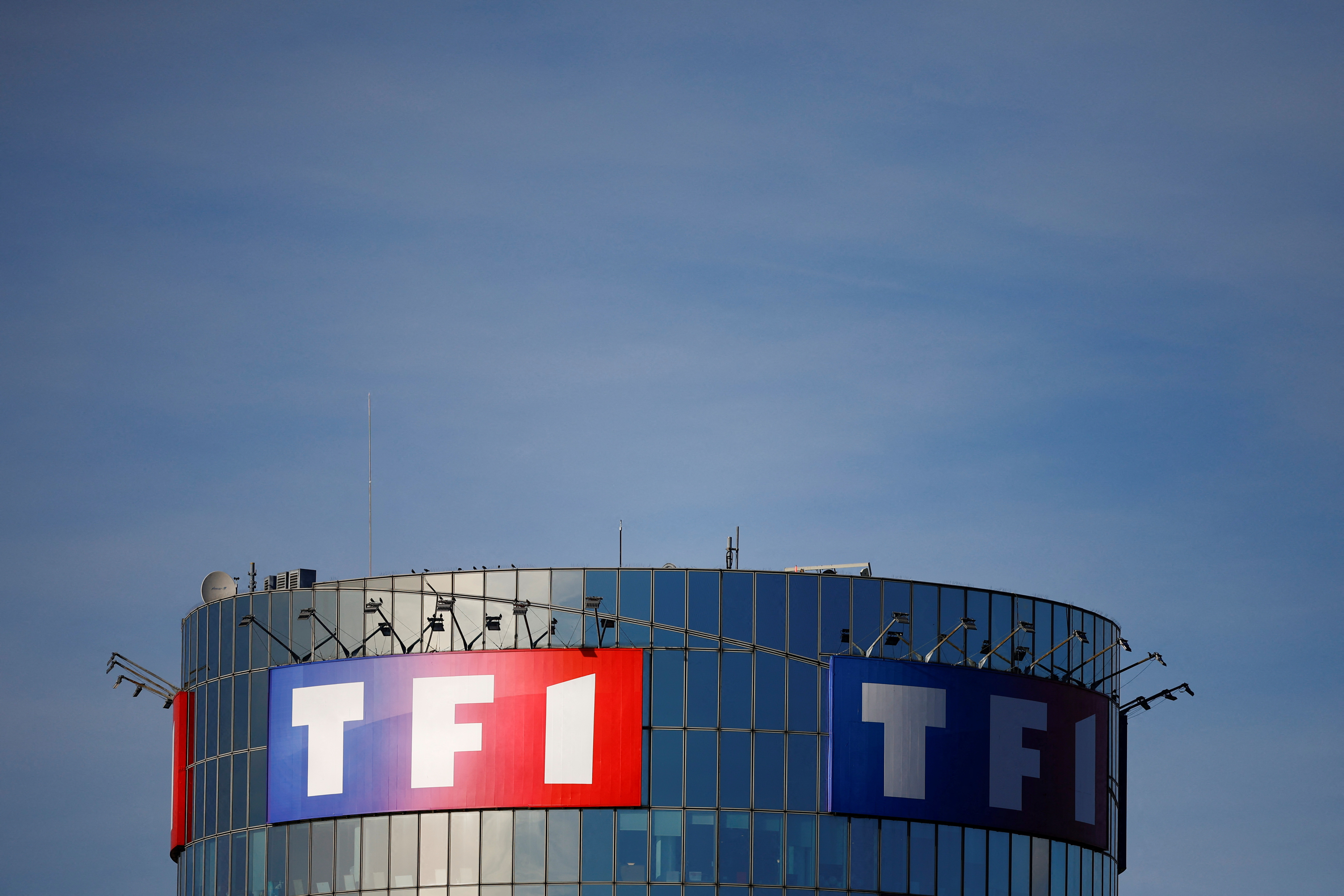 Logo of French television network TF1 is displayed at Boulogne-Billancourt headquarters near Paris