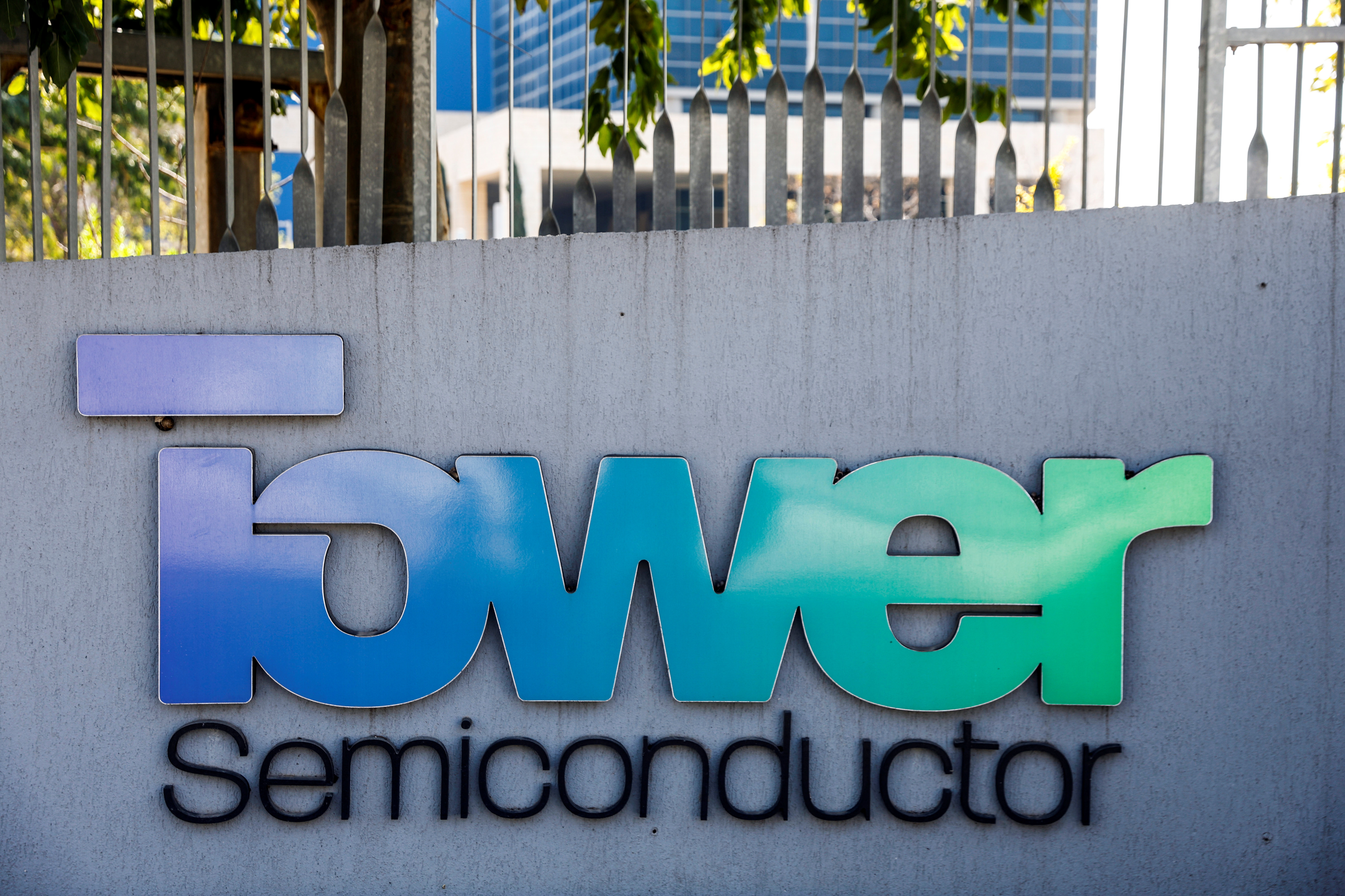 The logo of Israeli analog integrated circuits developer, Tower Semiconductor is seen at their offices in Migdal HaEmek