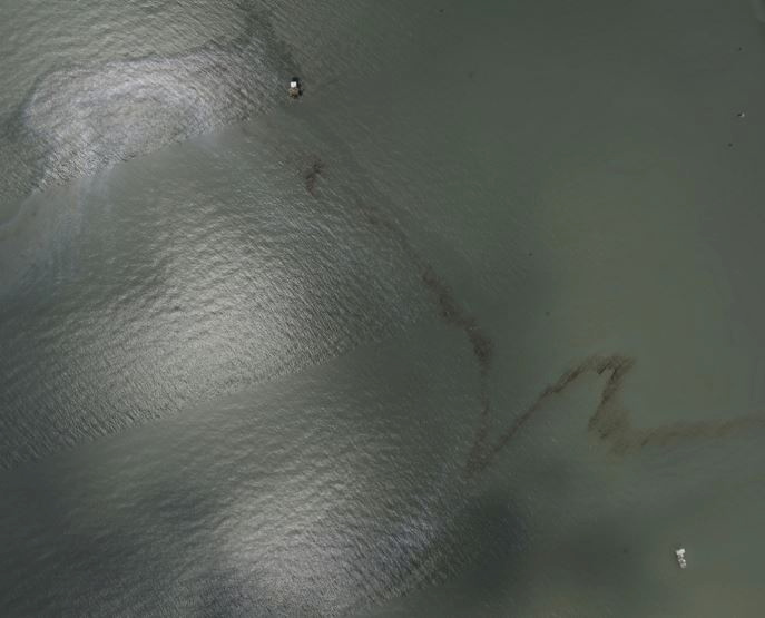 A satellite image shows an oil slick following Hurricane Ida near Port Fourchon, Louisiana
