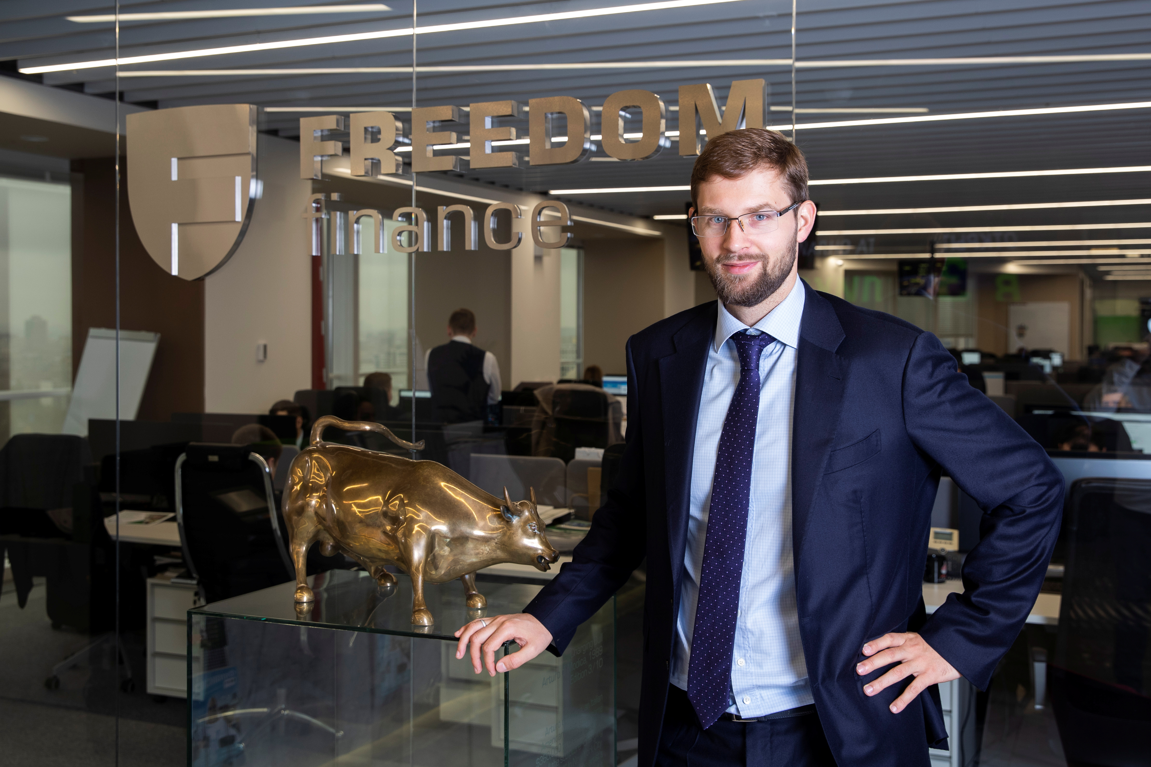 Timur Turlov, CEO of Freedom Finance brokerage poses for a portrait after the interview in the office in Moscow