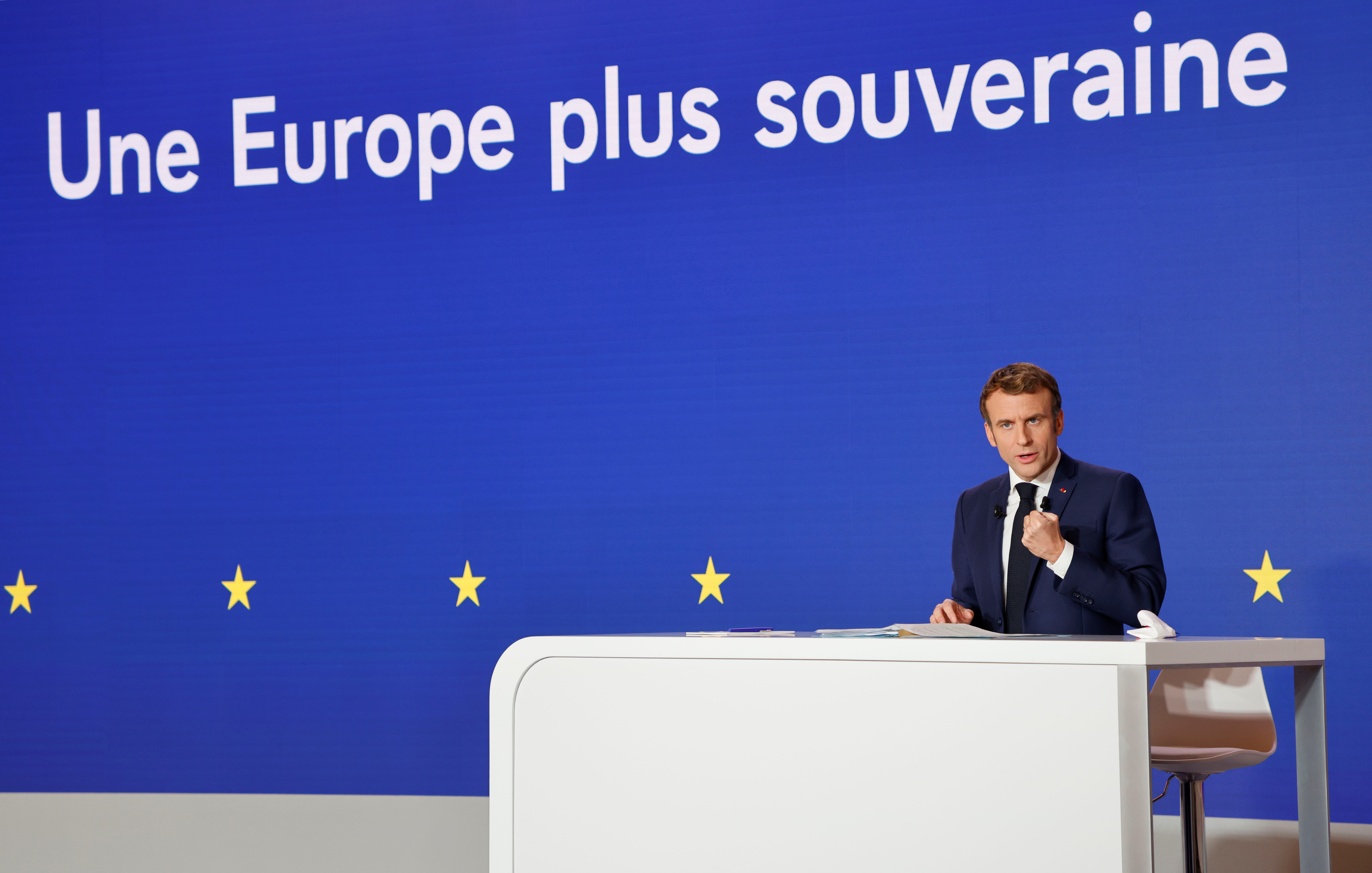 French President Emmanuel Macron delivers a speech during a news conference on France assuming EU presidency, in Paris