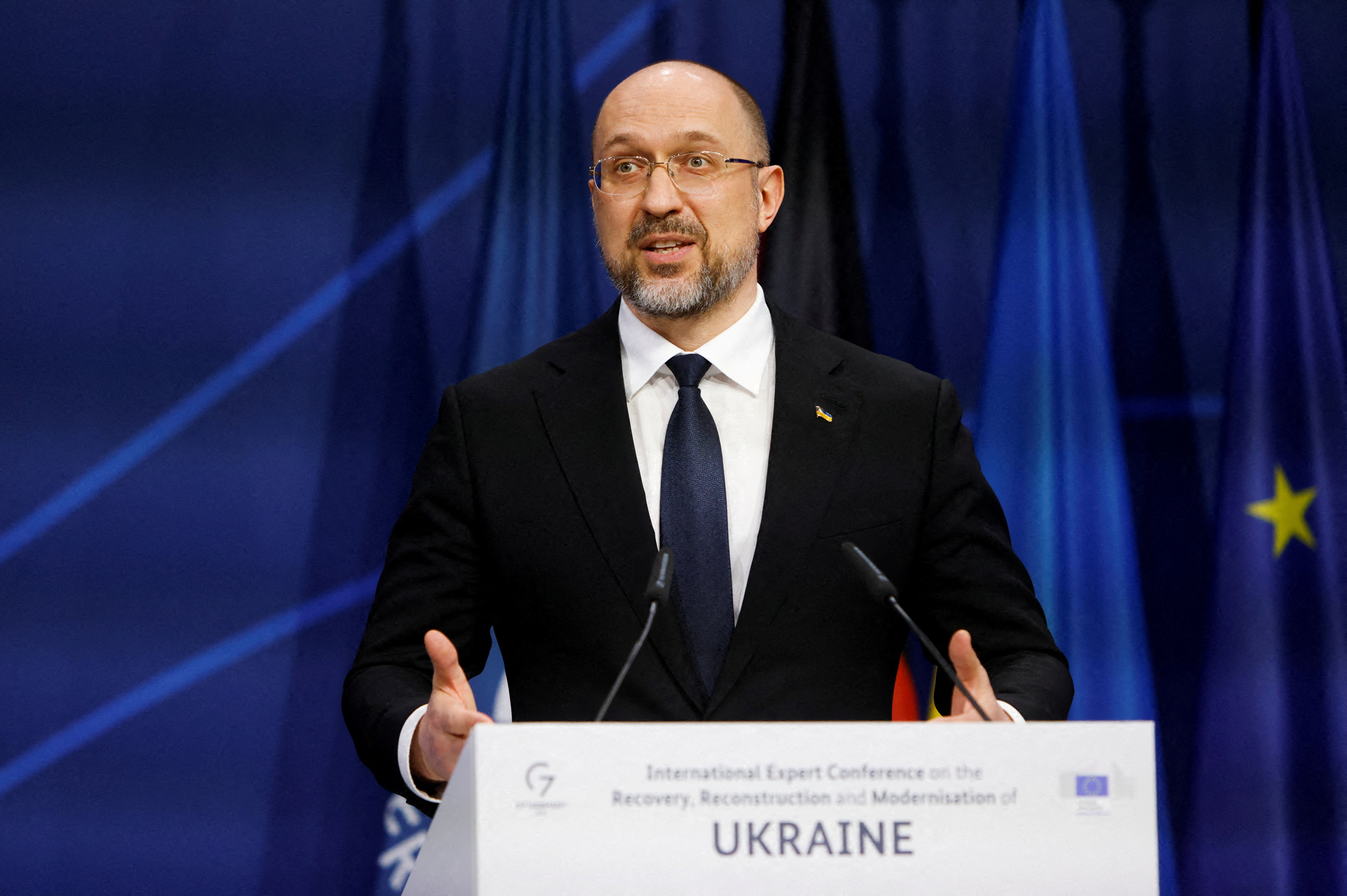 Ukrainian Prime Minister Denys Shmyhal speaks during a conference in Berlin,