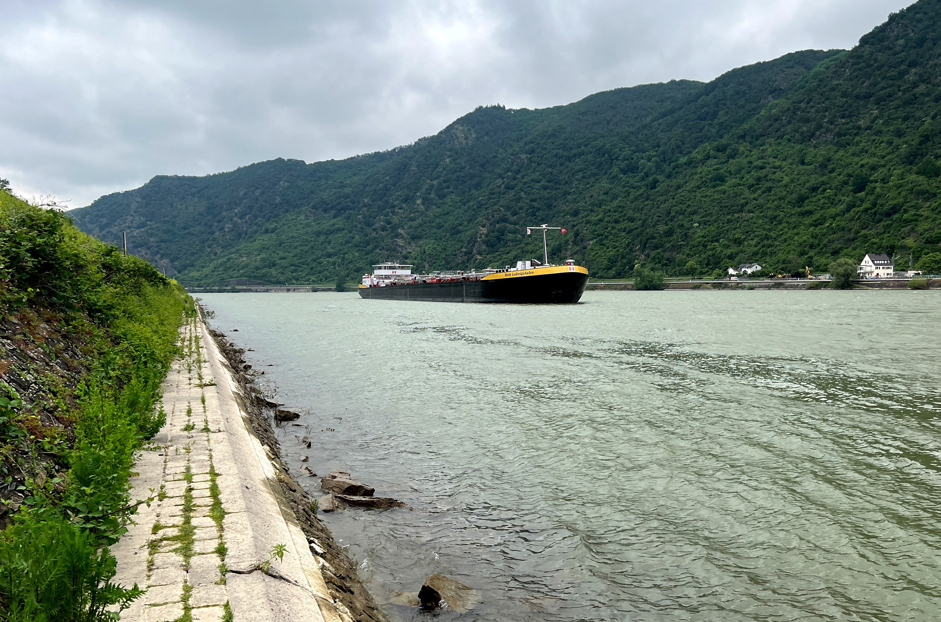 A special tanker, able to pass on the Rhine river even at low water levels sails past Bad Salzig
