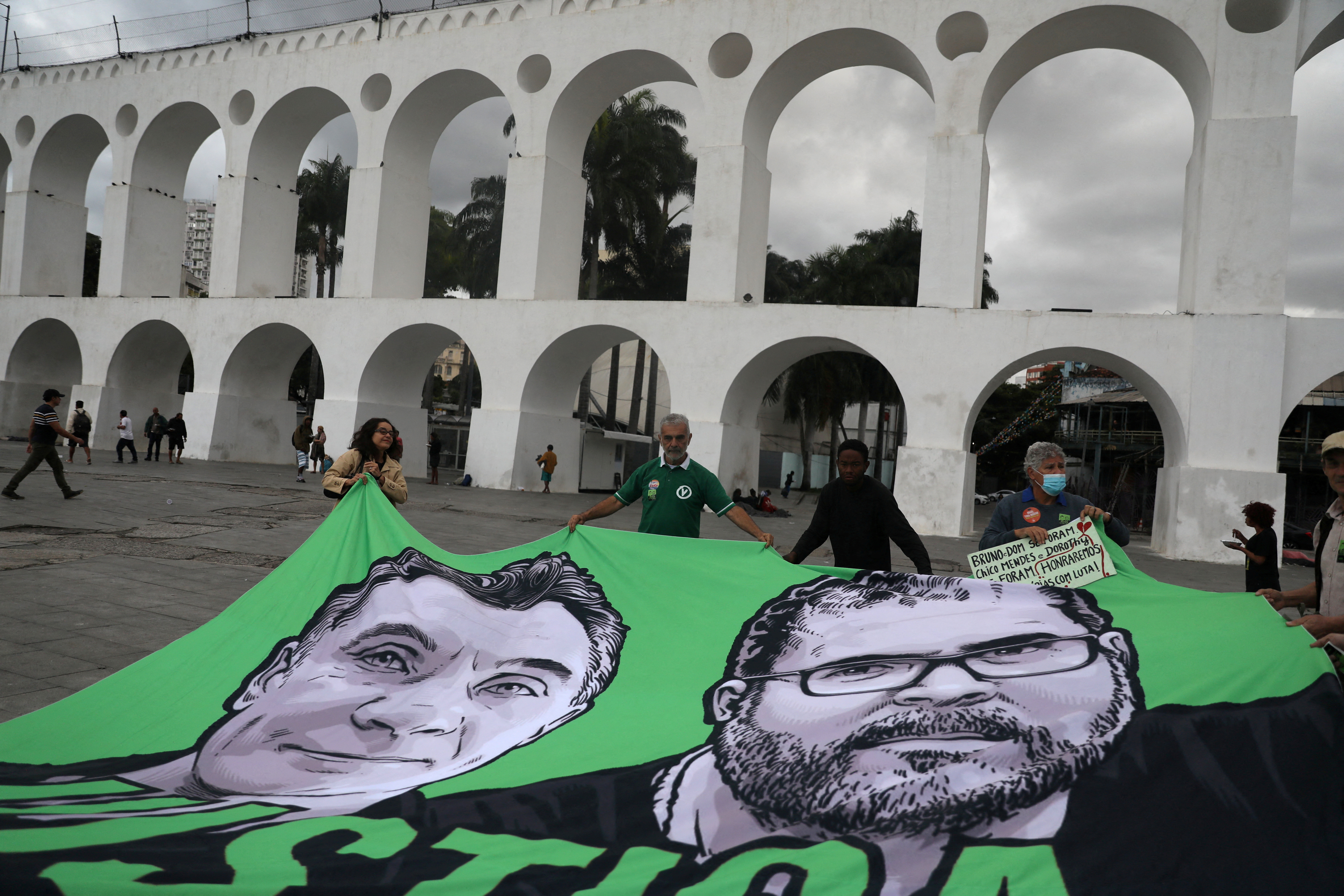 Demonstrators during a protest in honour of  British journalist Dom Phillips and Brazilian Indigenous affairs specialist Bruno Pereira in Rio de Janeiro