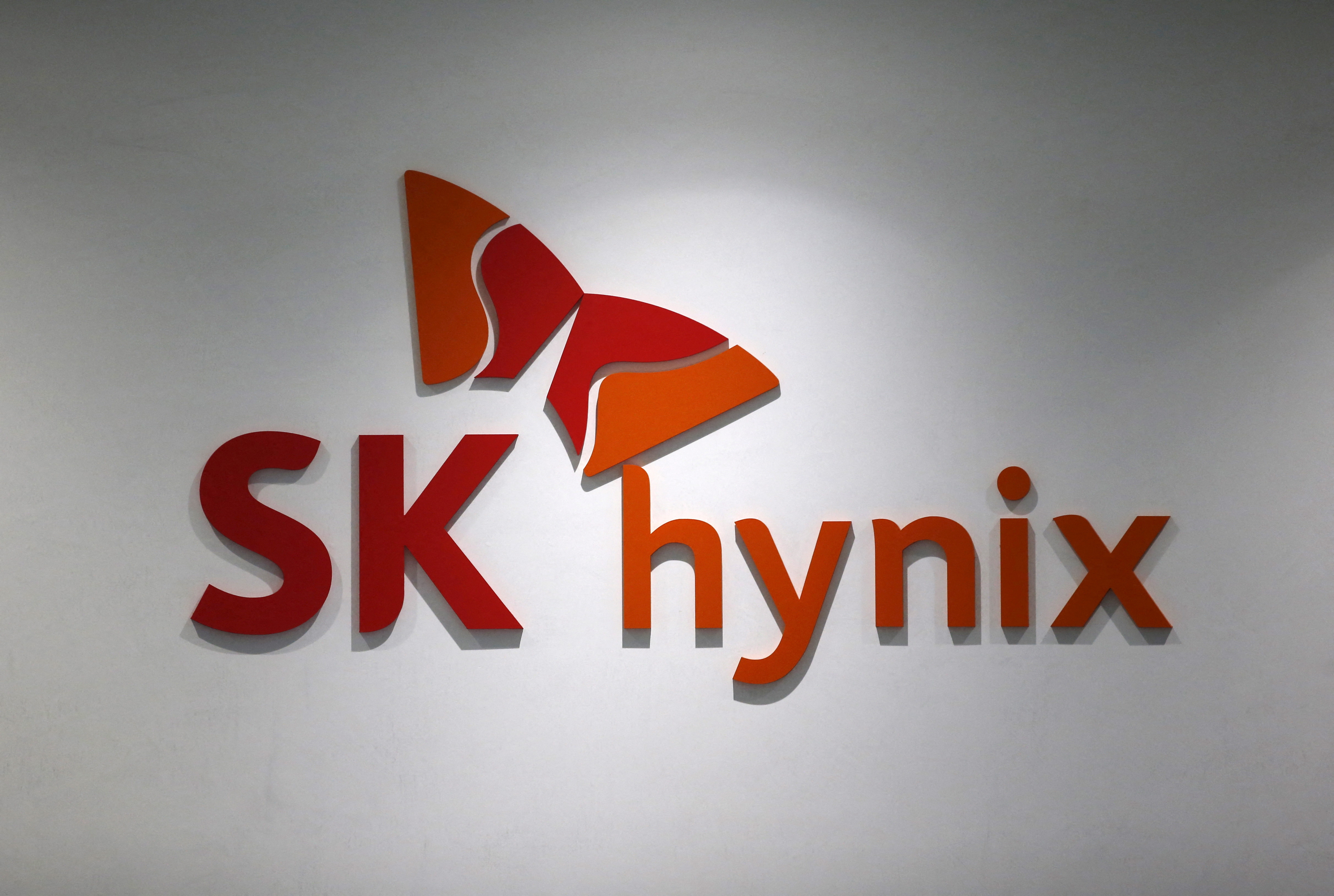 The logo of SK Hynix is seen at its headquarters in Seongnam
