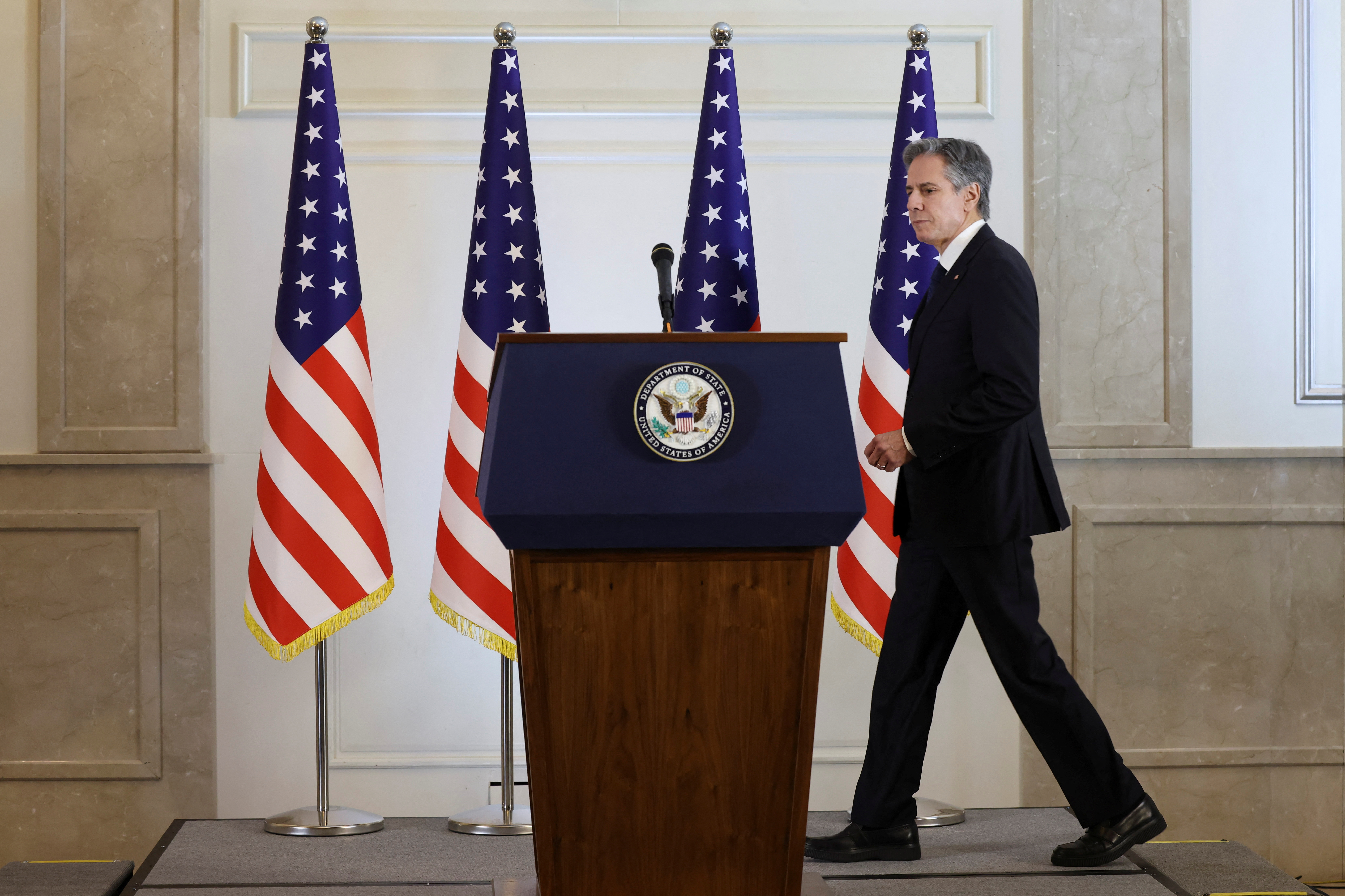 US Secretary of State Antony Blinken arrives for a press conference in Jerusalem