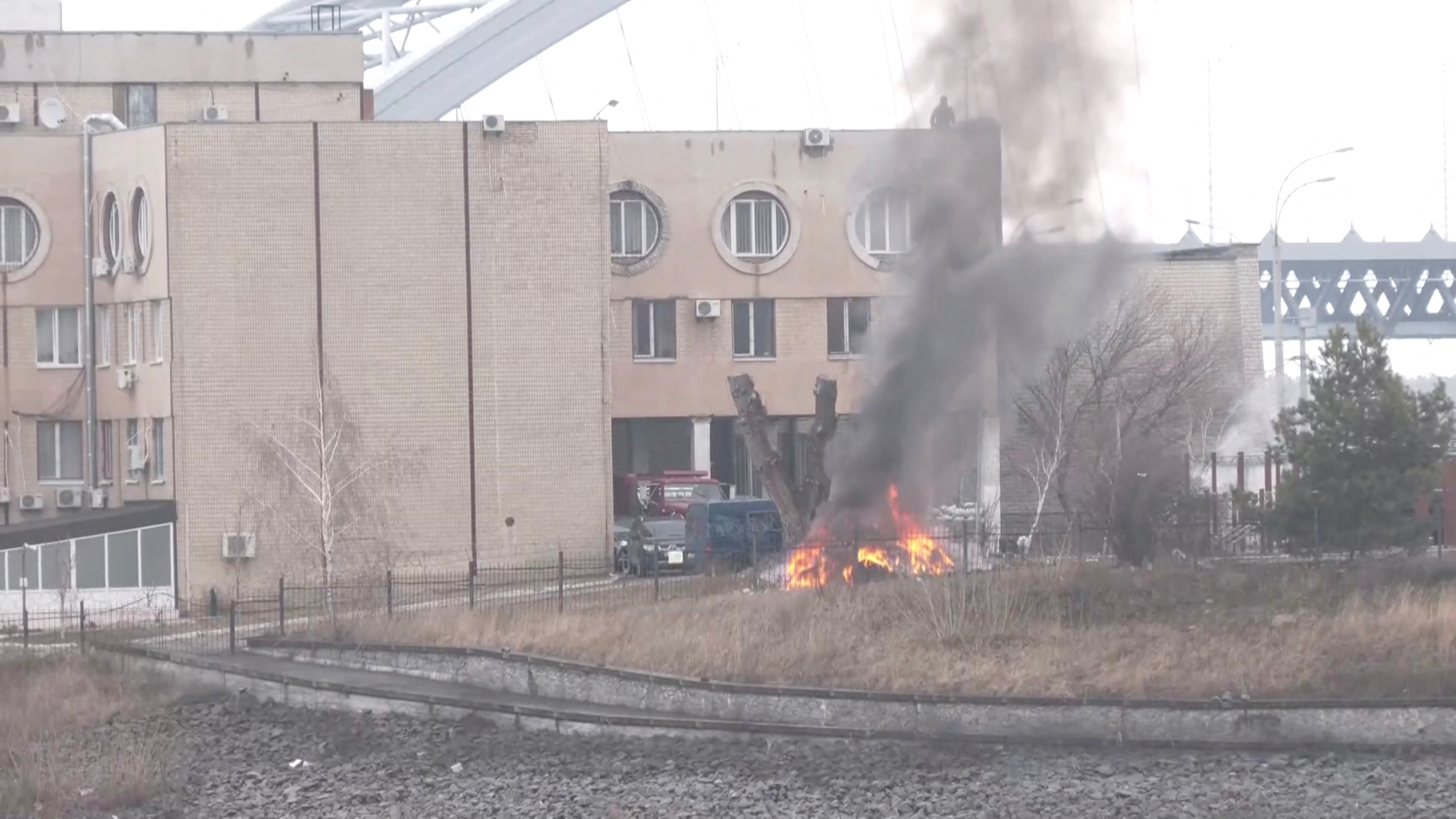 Smoke rises from the territory of the Ukrainian Defence Ministry's unit in Kyiv