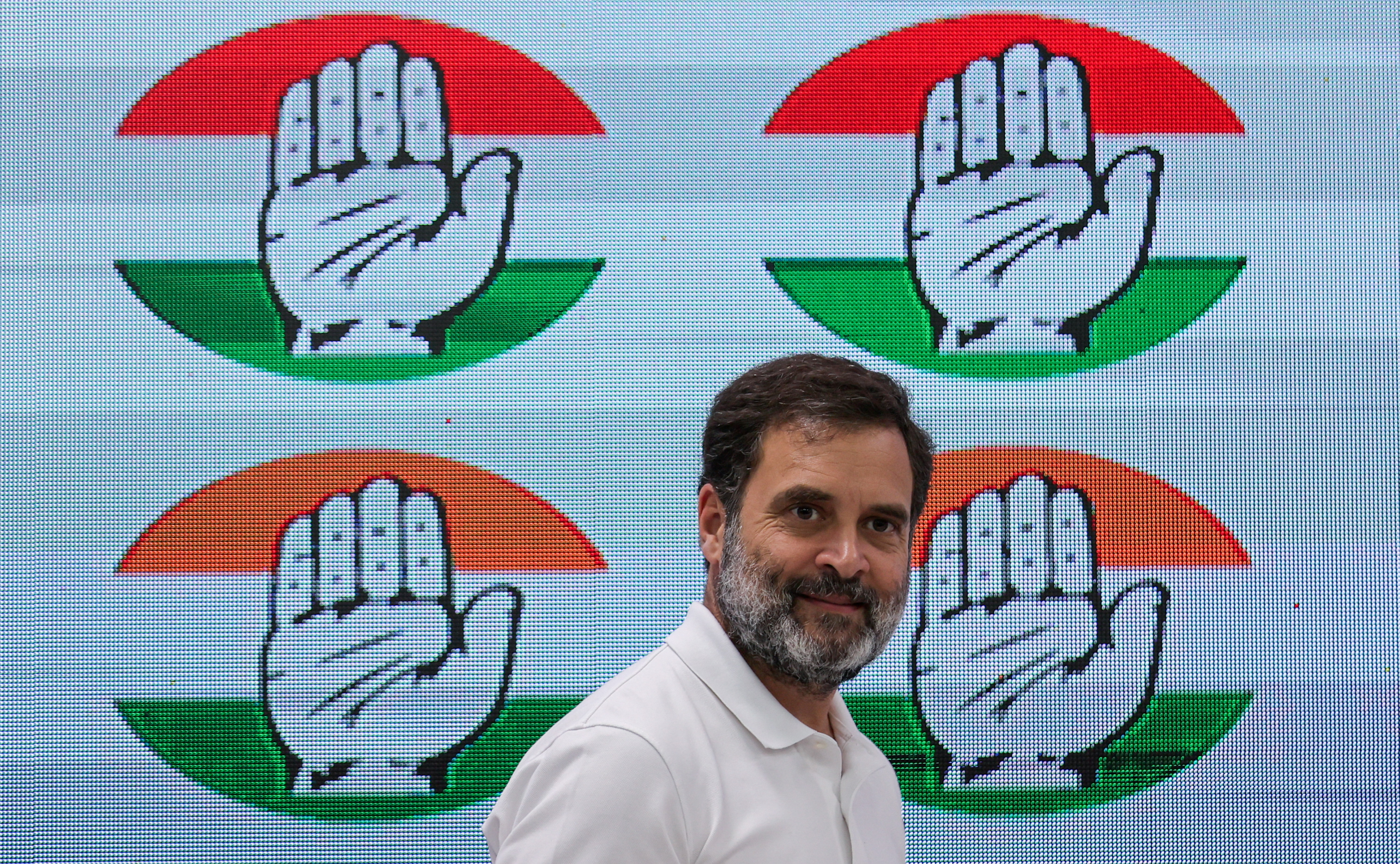 Rahul Gandhi, a senior leader of India's main opposition Congress party, arrives to address the media at Congress' headquarterss in New Delhi