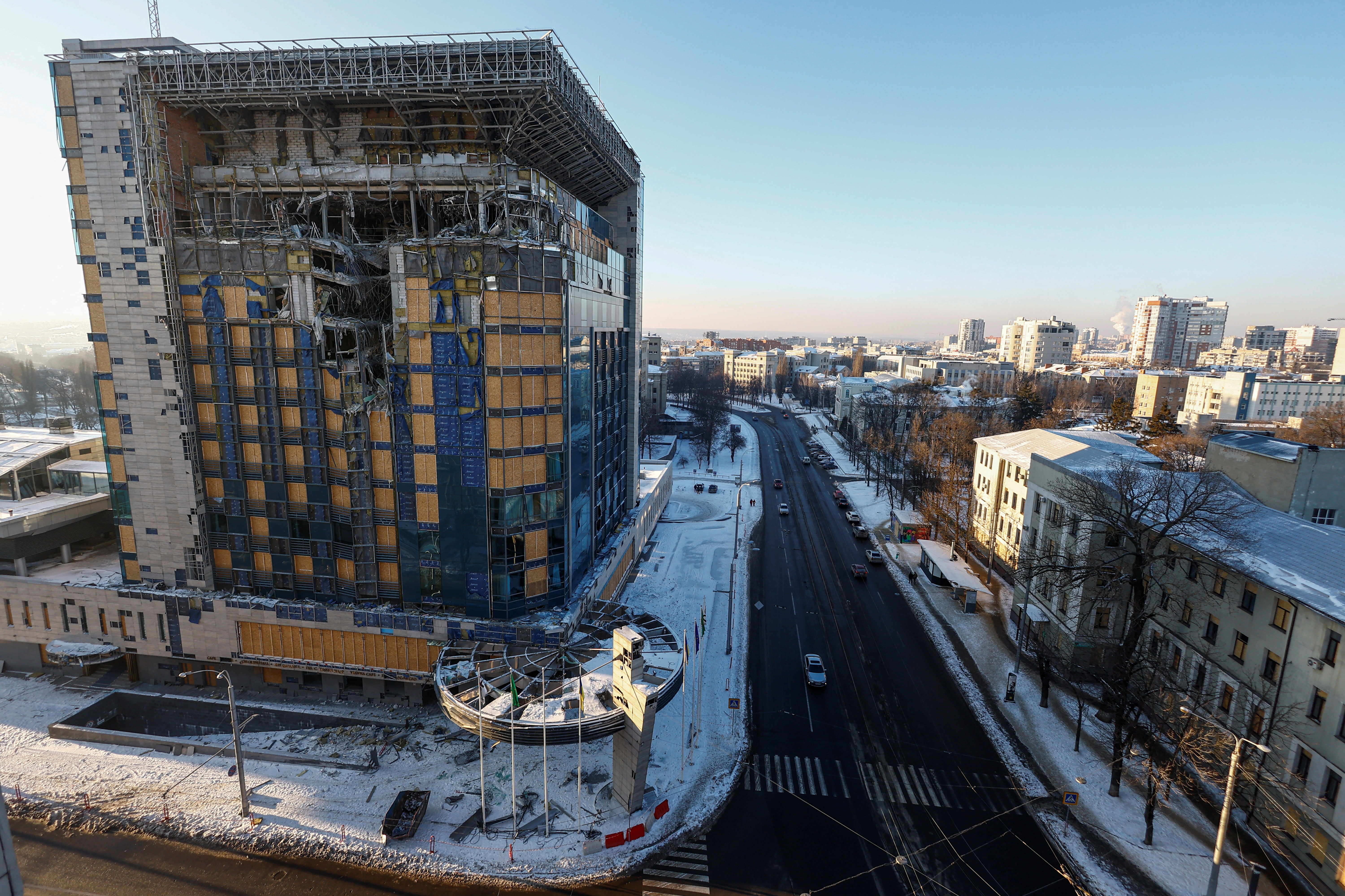 A view shows Kharkiv Palace Hotel, damaged during one of the latest Russian missile strikes, in Kharkiv