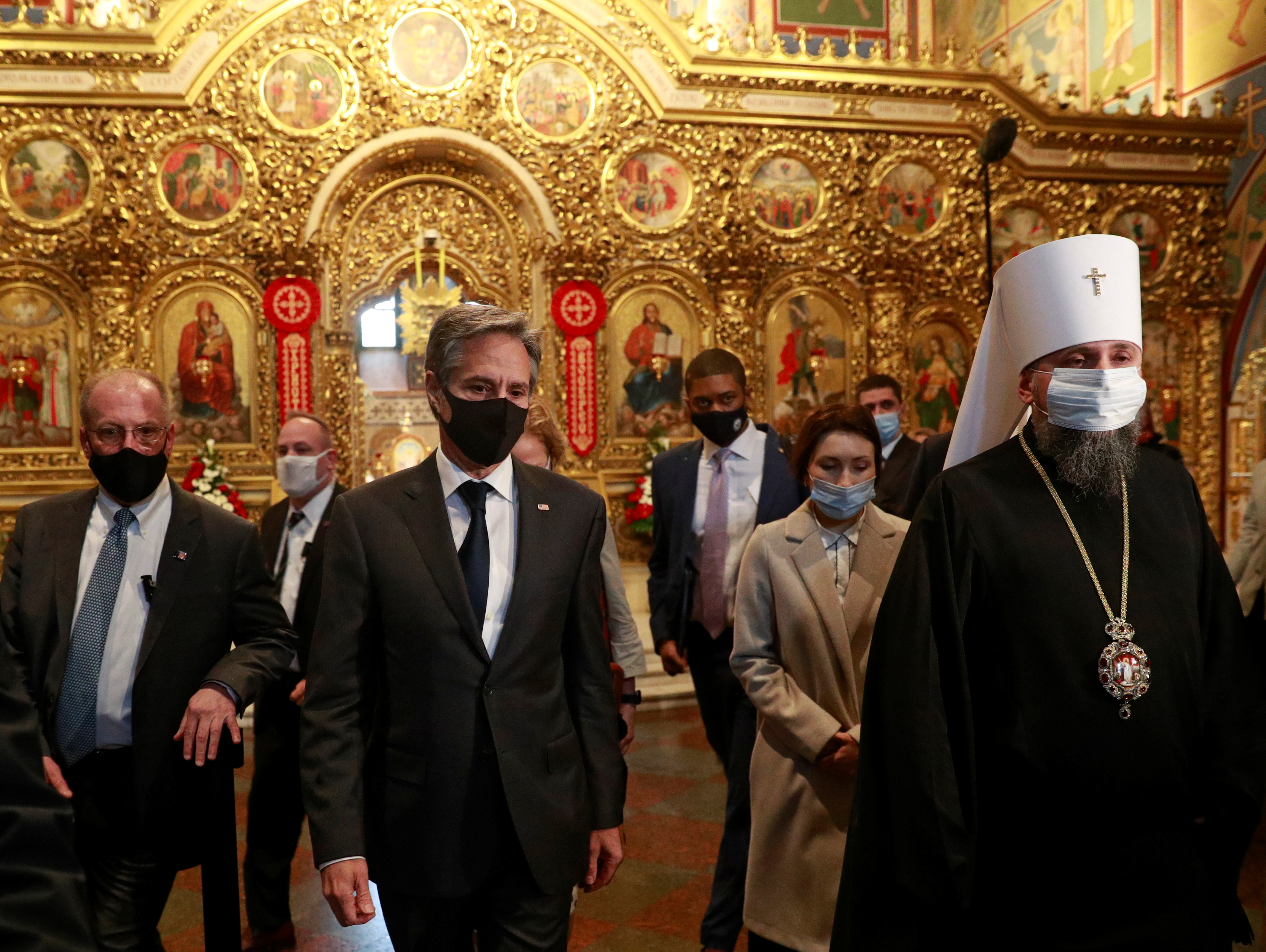 U.S. Secretary of State Antony Blinken visits the St. Michael's Golden-Domed Cathedral in Kyiv