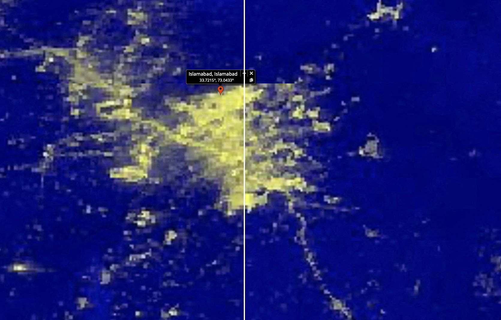 A satellite image shows before and after in Islamabad, Pakistan, following a country-wide power breakdown