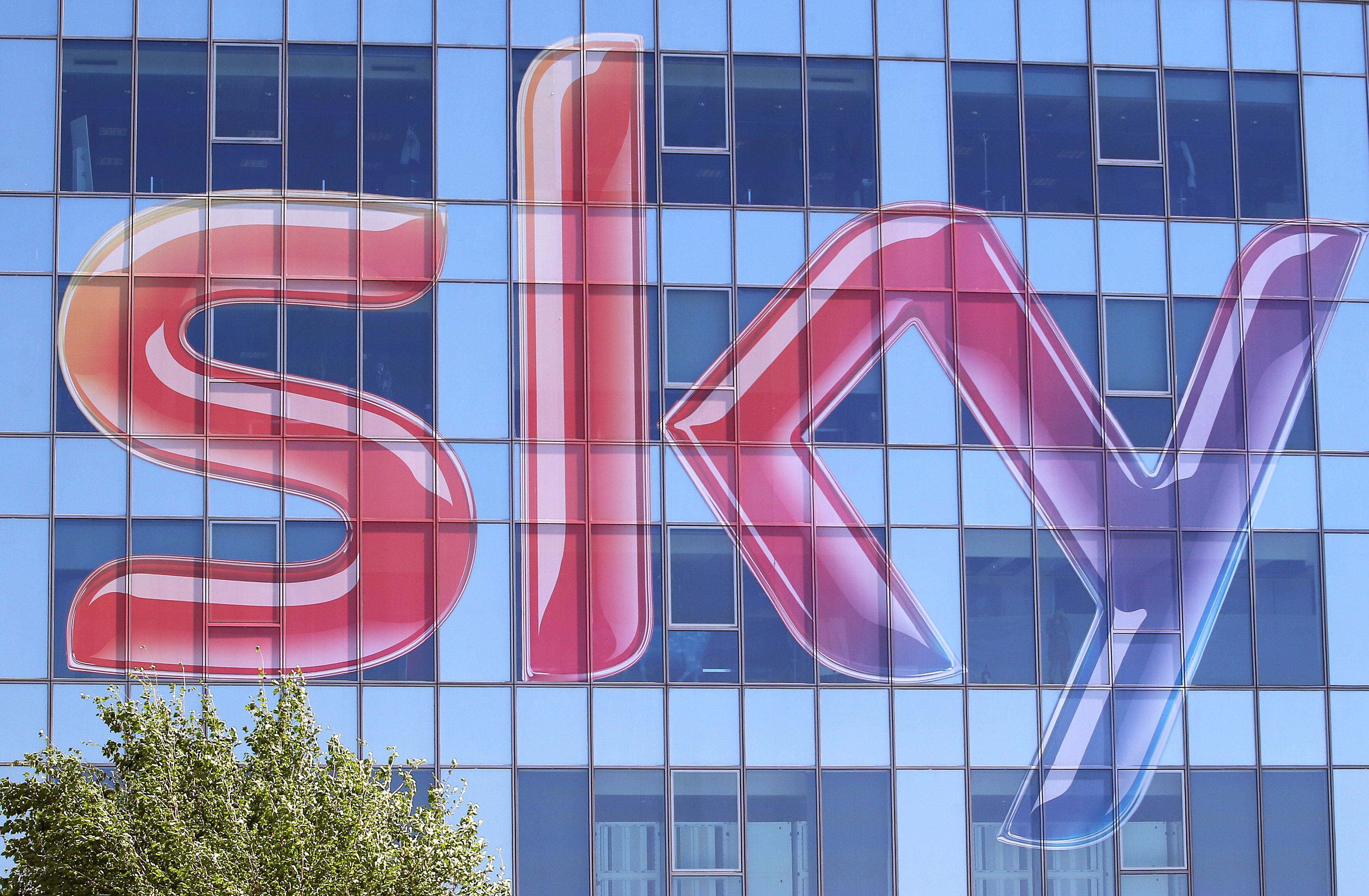 Sky logo is seen at the exterior of the Sky Italia buildings on the outskirts of Milan