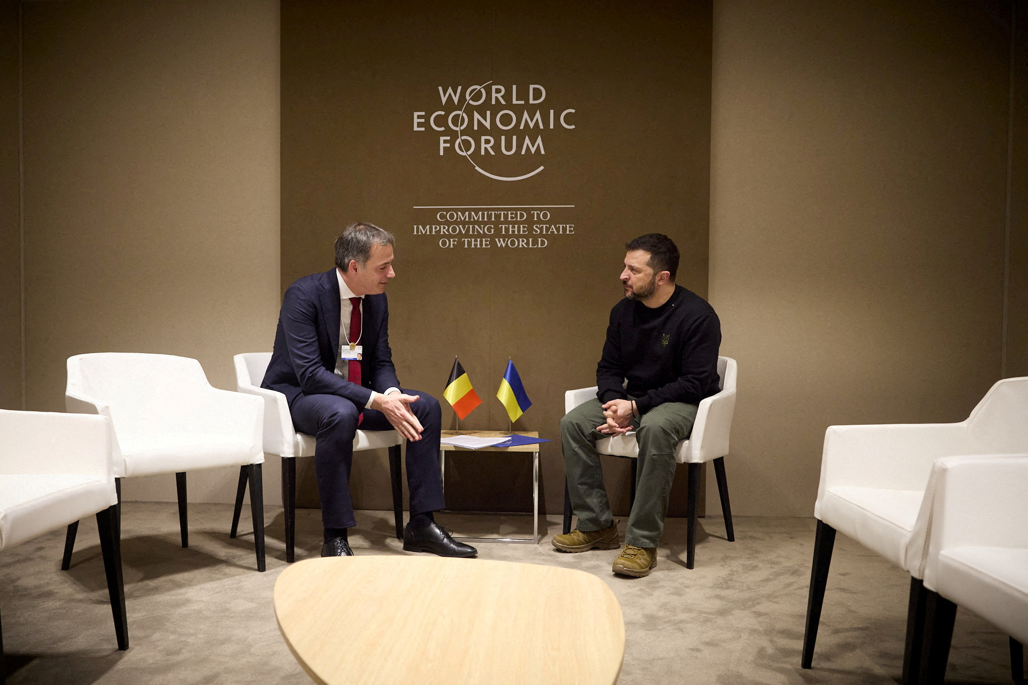 Ukraine's President Zelenskiy and Belgium's Prime Minister De Croo attend a meeting in Davos