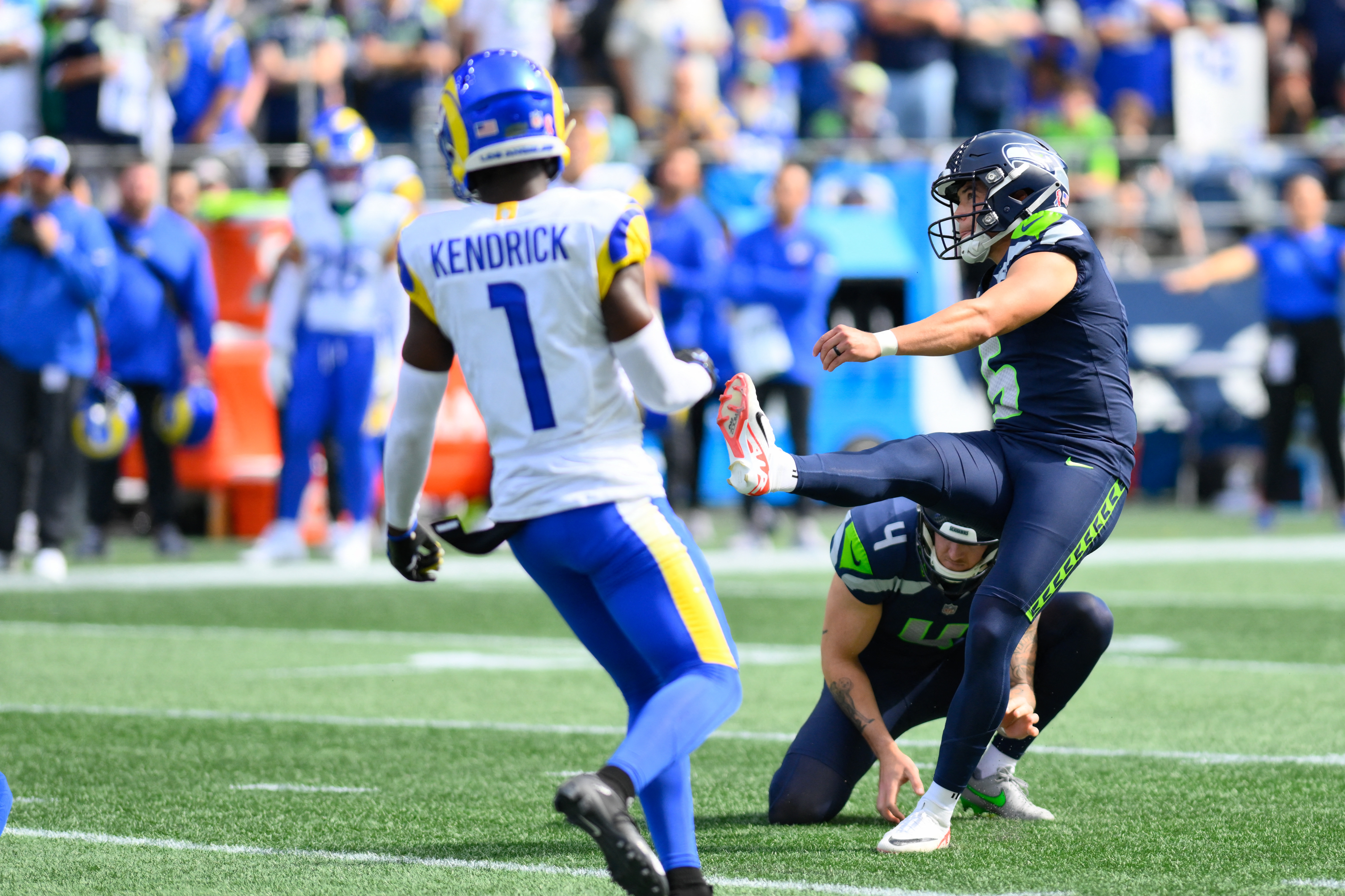 Los Angeles Rams running back Kyren Williams celebrates after scoring  against the Seattle Seahawks during the second half of an NFL football game  Sunday, Sept. 10, 2023, in Seattle. (AP Photo/Stephen Brashear