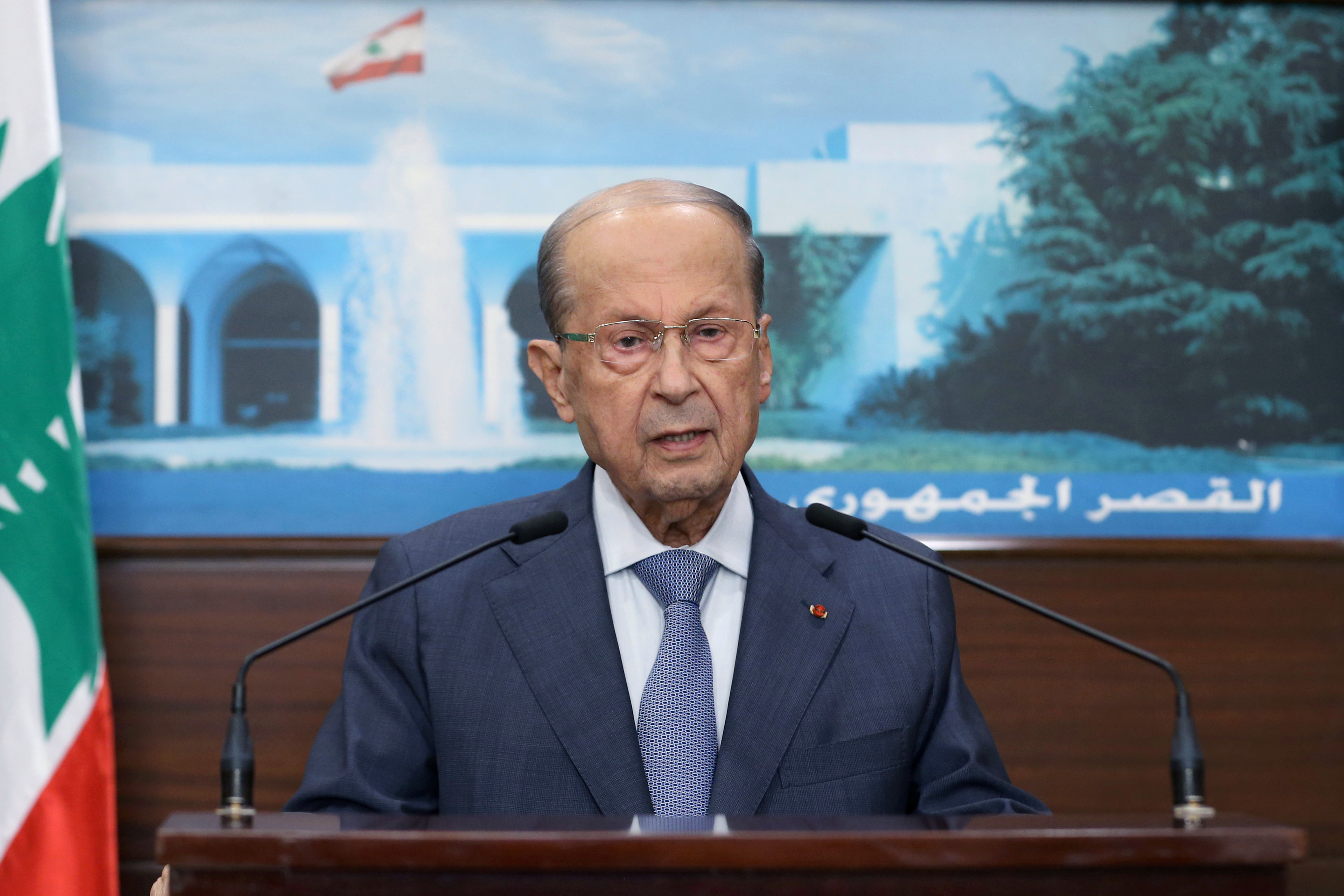 Lebanon's President Michel Aoun addresses the nation from the presidential palace in Baabda