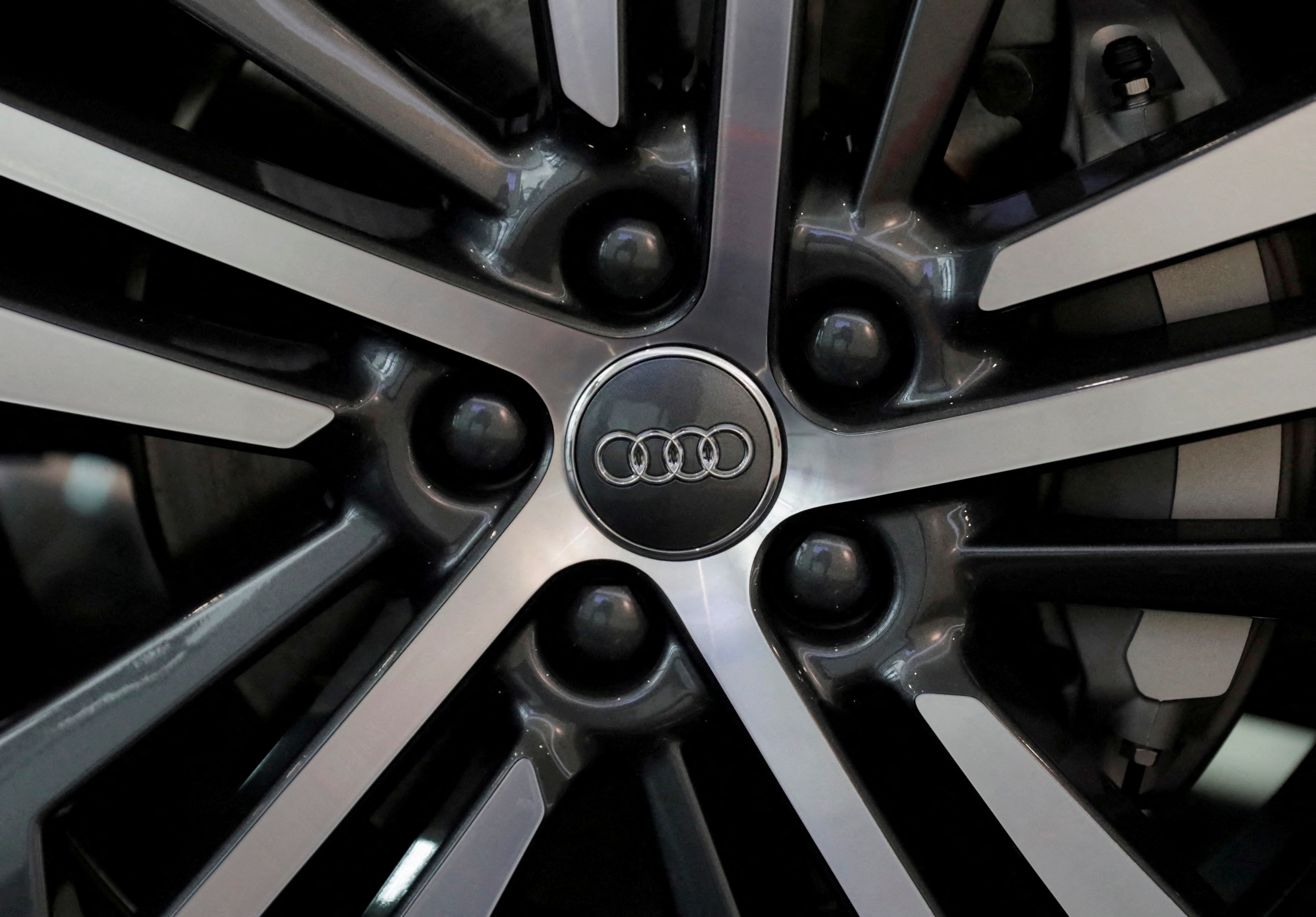 The logo of German car manufacturer Audi is seen on a tyre rim a Audi Q5 2.0 during a media tour in San Jose Chiapa