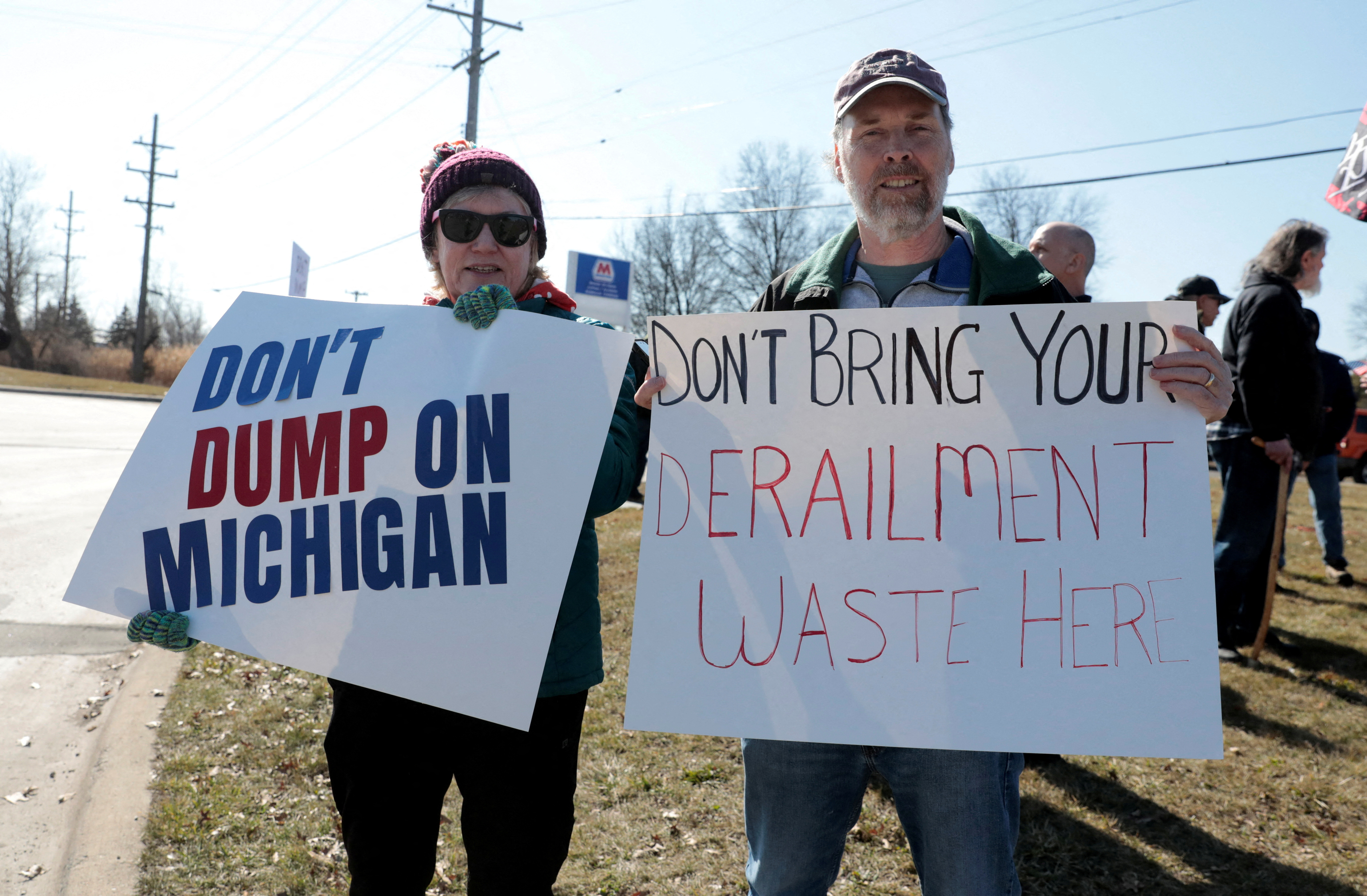 Local residents protest against the disposal of hazardous materials from the Ohio train derailment to the Republic and Energy hazardous waste facility in Romulus