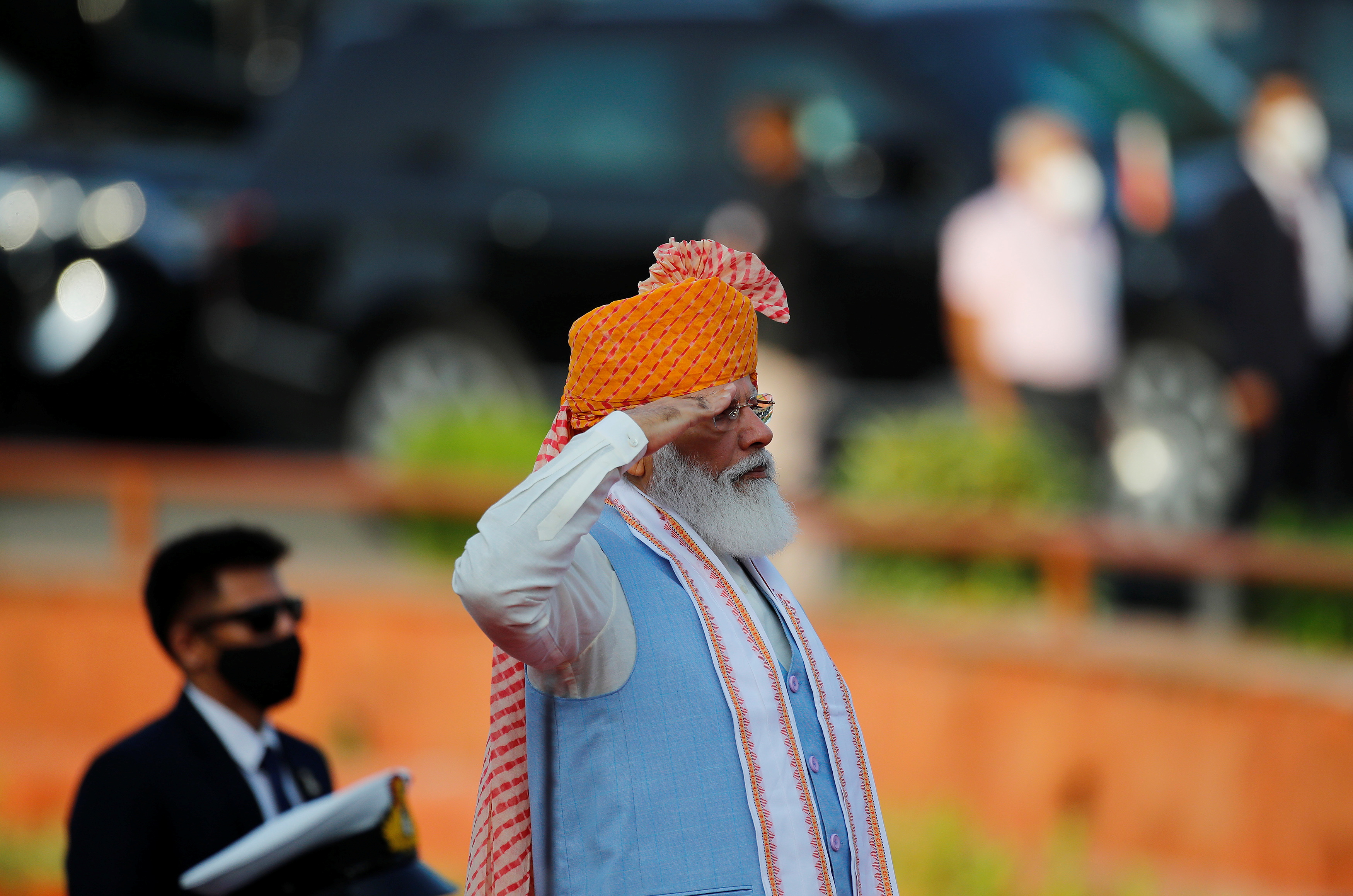 Indian Prime Minister Narendra Modi inspects the honour guard during Independence Day celebrations at the historic Red Fort in Delhi, India, August 15, 2021. REUTERS/Adnan Abidi