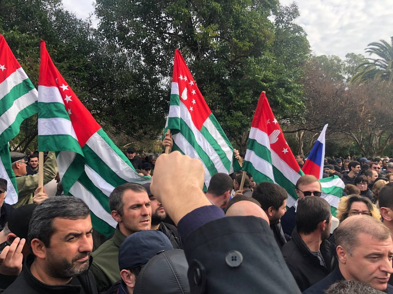 Protesters rally outside the parliament building in the capital of Georgia's breakaway region of Abkhazia