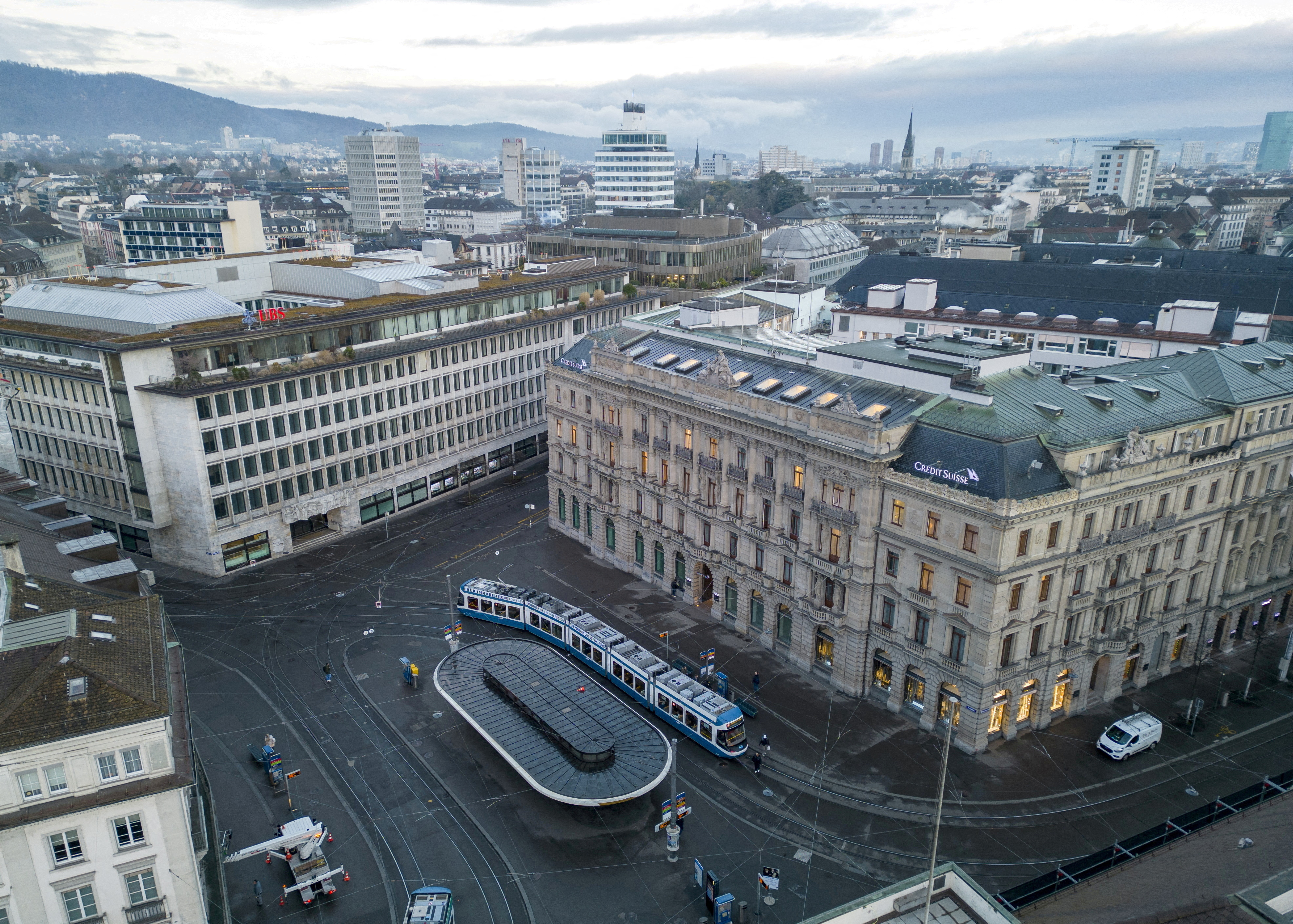 FILE PHOTO: Buildings of Swiss banks UBS and Credit Suisse are seen on the Paradeplatz in Zurich