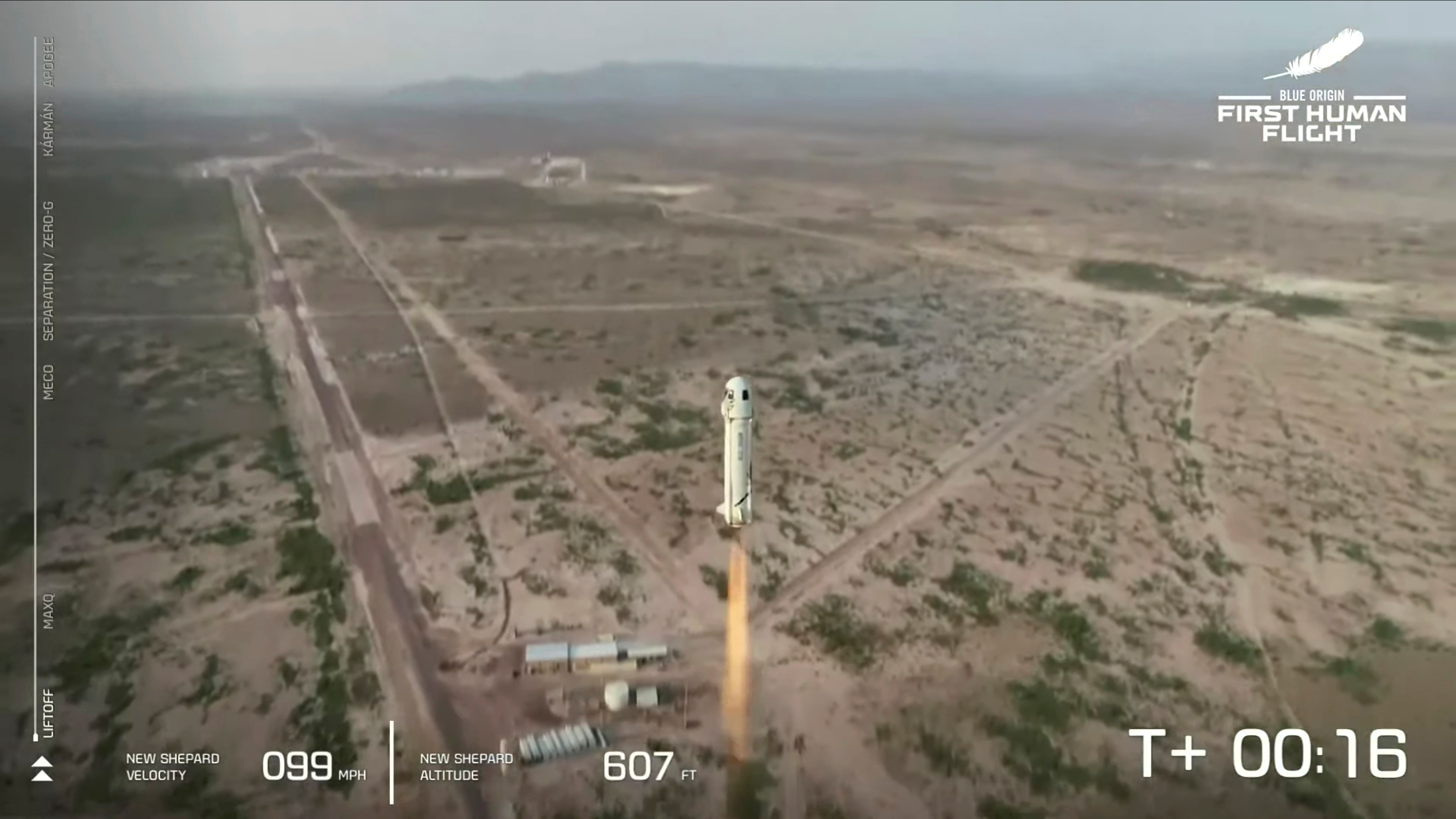 Billionaire businessman Jeff Bezos is launched with three crew members aboard a New Shepard rocket on the world's first unpiloted suborbital flight from Blue Origin's Launch Site 1 near Van Horn, Texas, U.S., July 20, 2021 in a still image from video.  Blue Origin/Handout via REUTERS.