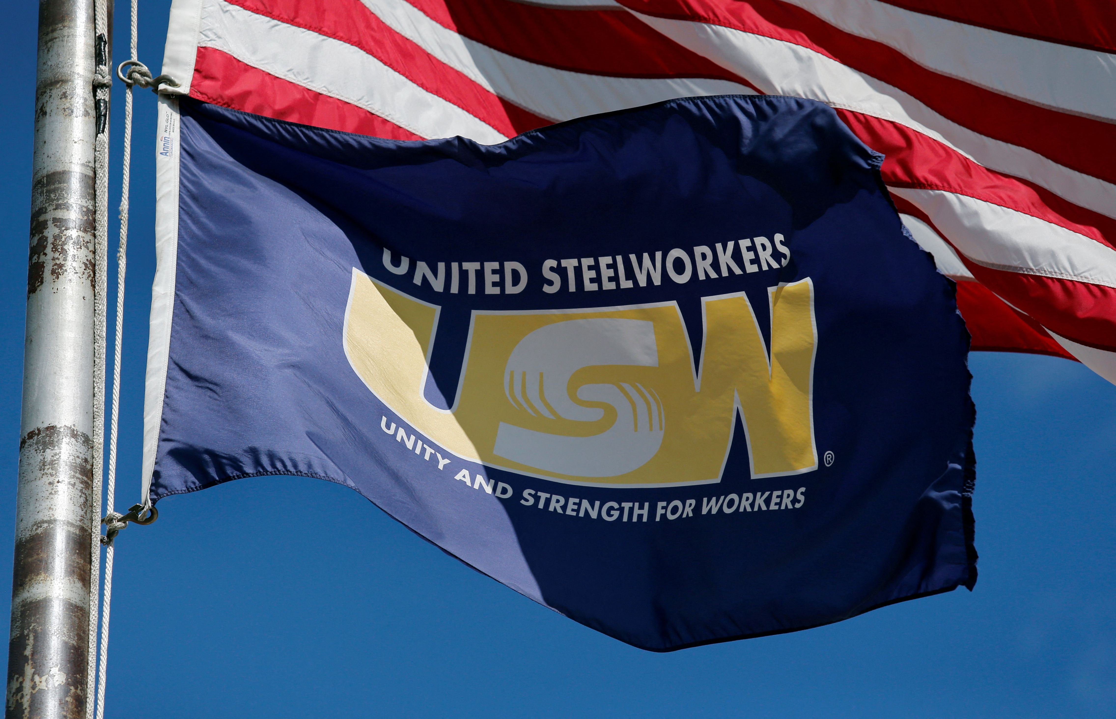 United Steelworkers flag flies outside the Local 1299 union hall in Ecorse, Michigan,