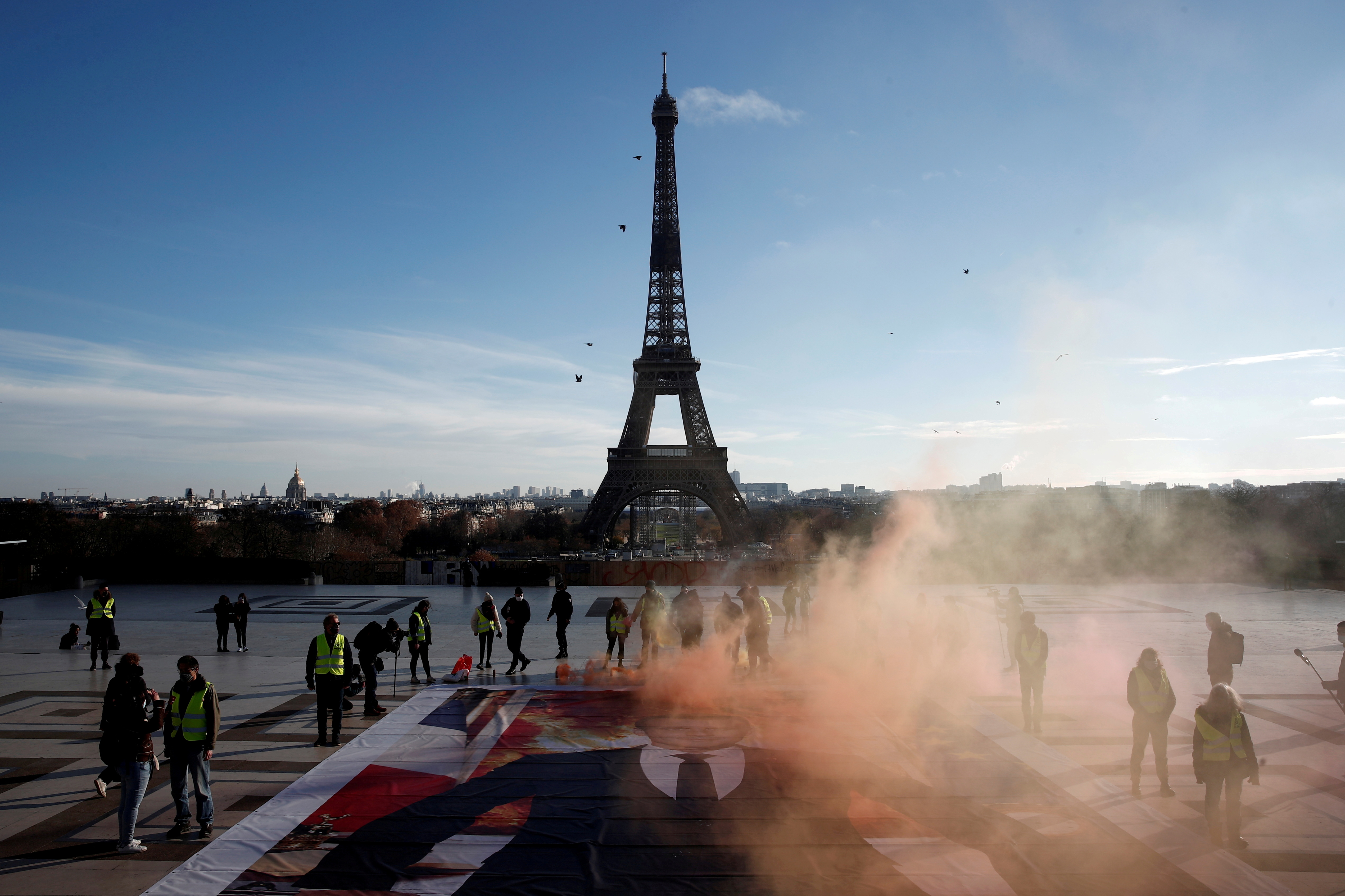 Climate activists mark the fifth anniversary of the Paris Agreement on climate change, in Paris