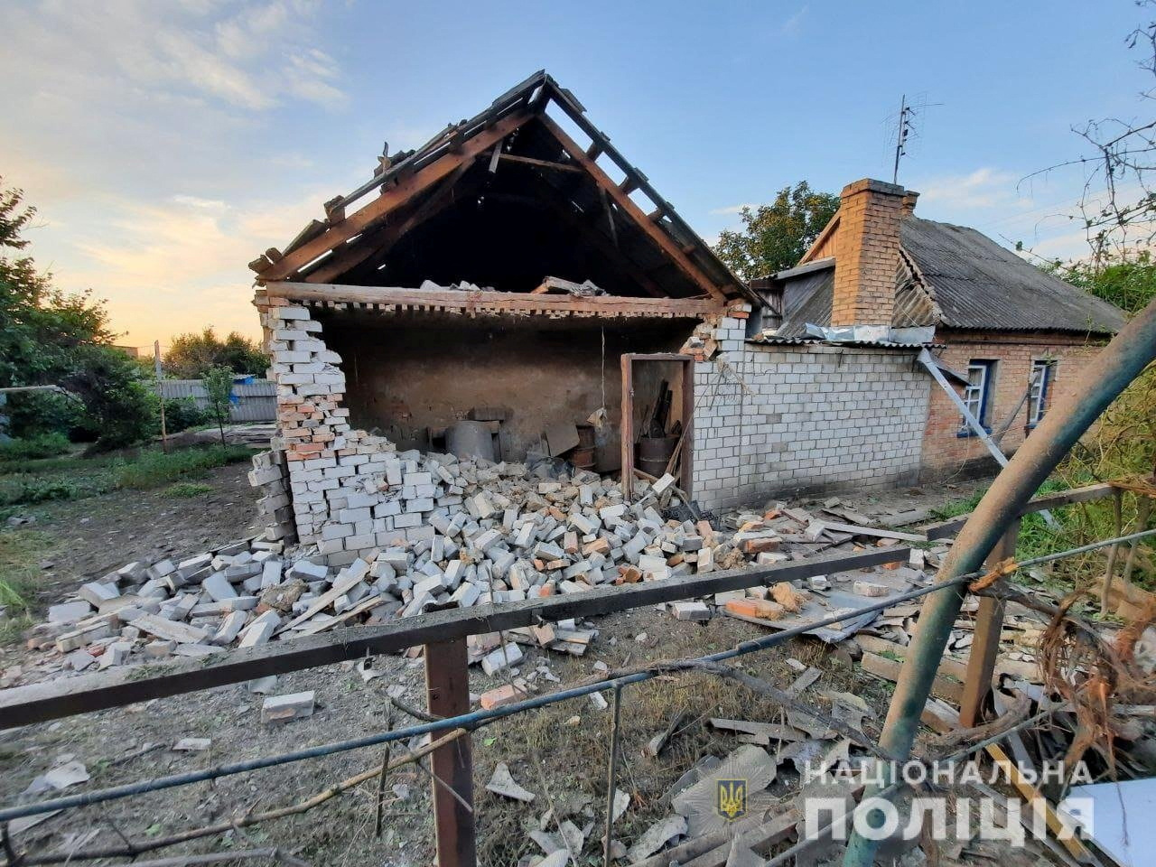 View shows a residential housw damaged by a Russian military strike in location given as Marhanets town
