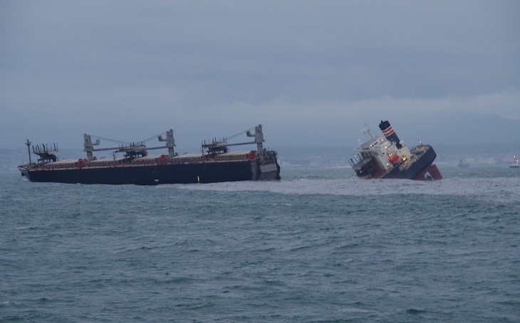 A view of the Panamanian-registered ship 'Crimson Polaris' after it ran aground in Hachinohe harbour in Hachinohe, northern Japan, August 12, 2021, in this handout photo taken and released by 2nd Regional Coast Guard Headquarters. Courtesy 2nd Regional Coast Guard Headquarters - Japan Coast Guard/Handout via REUTERS   ATTENTION EDITORS - THIS PICTURE WAS PROVIDED BY A THIRD PARTY. MANDATORY CREDIT.