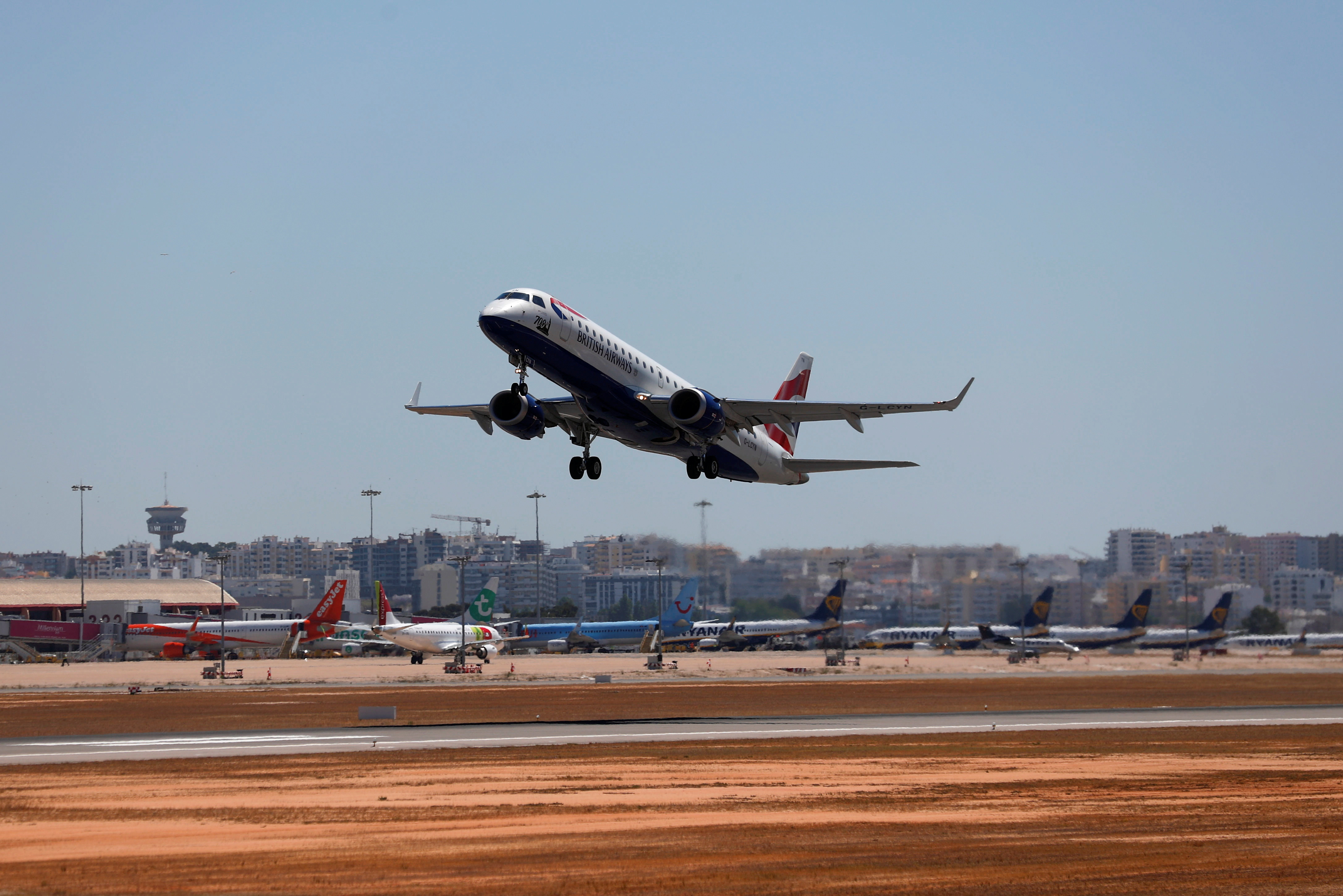 British Airways airplane takes off from Faro airport amid the COVID-19 pandemic, in Faro