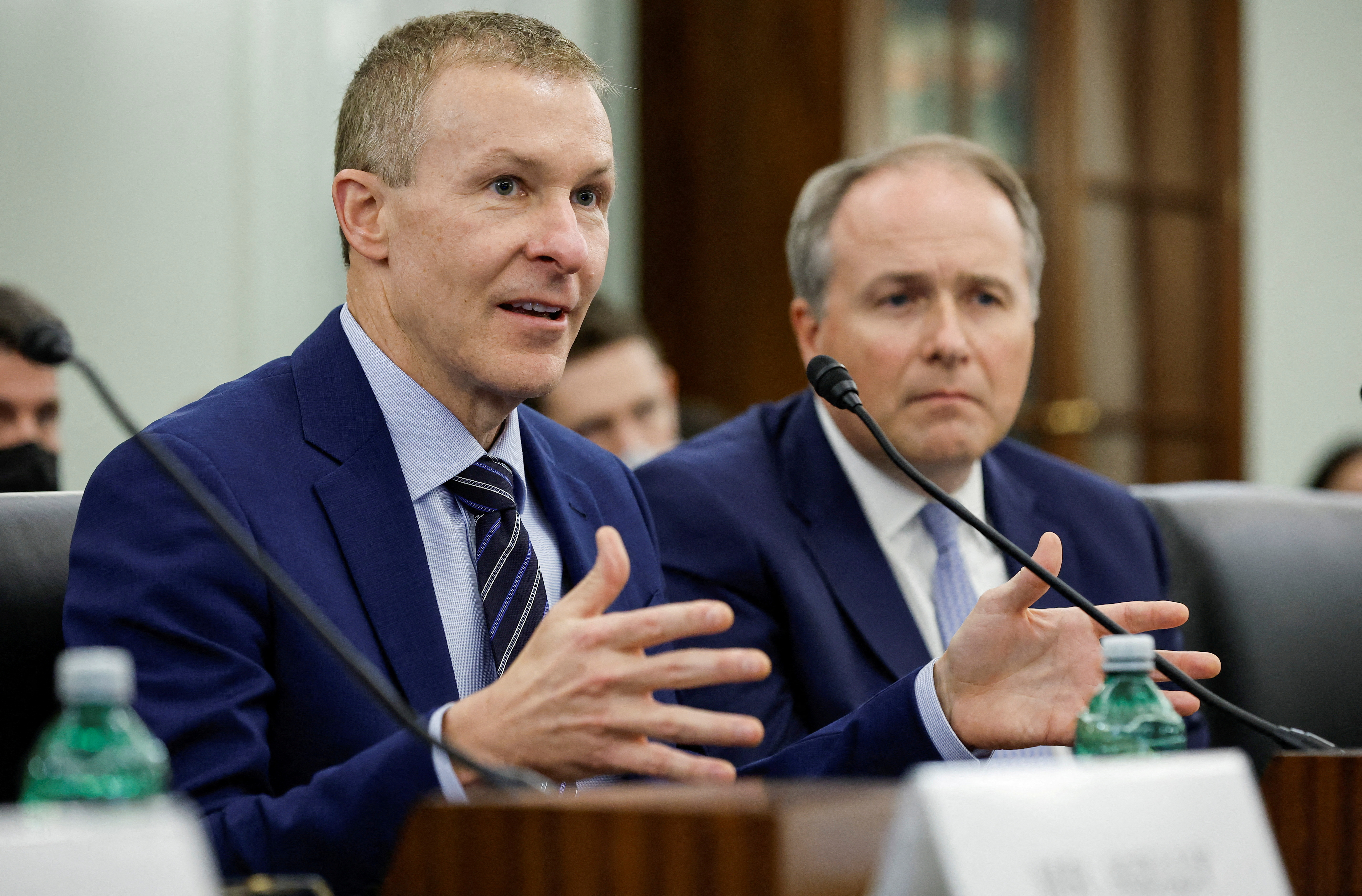 United Airlines CEO Scott Kirby and Delta Air Lines Executive Vice President John Laughter testify before the Senate Commerce, Science, and Transportation Committee in the Russell Senate Office Building on Capitol Hill, in Washington, U.S., December 15, 2021 Chip Somodevilla/Pool via REUTERS